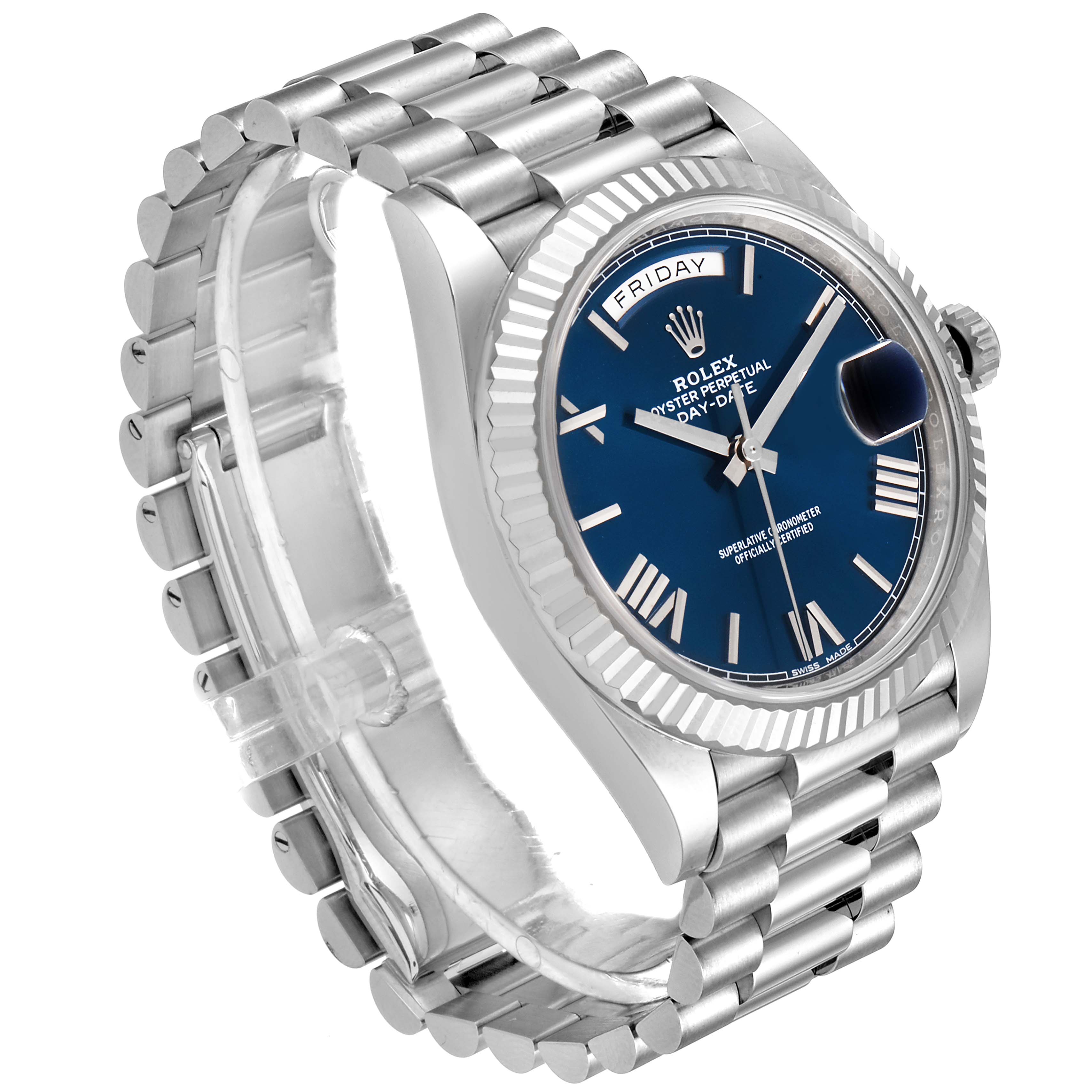 The image shows a Rolex President 228239 Men's White Gold Blue Dial 228239 Men's White Gold Blue Dial model watch from a three-quarter angle, highlighting the dial, bezel, and bracelet.
