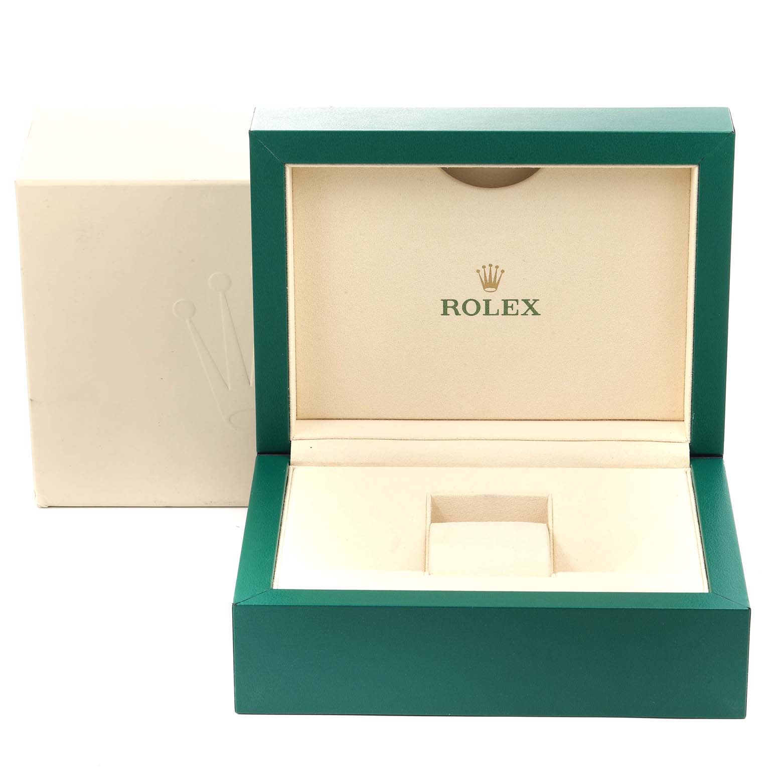 This image shows an open and empty Rolex President 228239 Men's White Gold Blue Dial 228239 Men's White Gold Blue Dial model watch box in green and beige with the Rolex logo inside the lid.