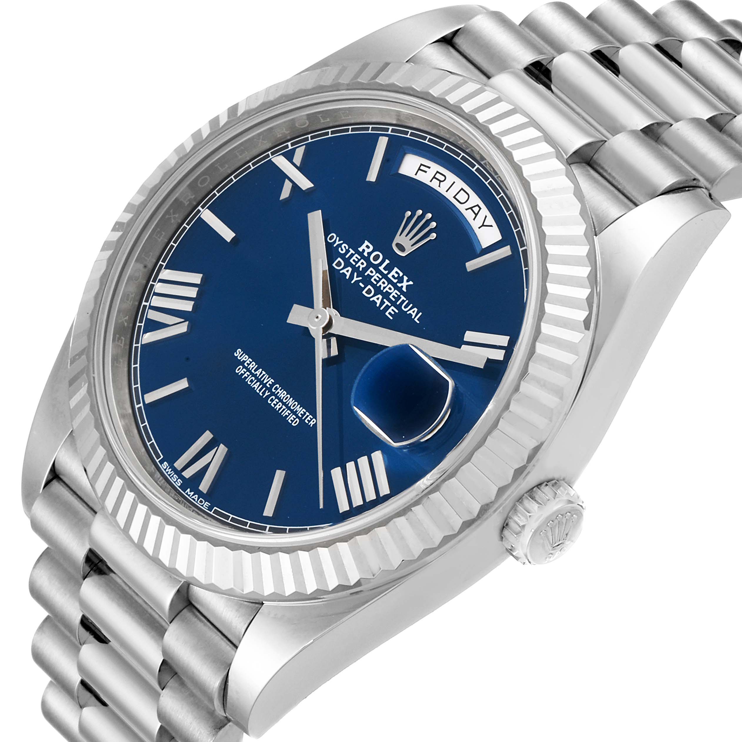 This image shows a Rolex President 228239 Men's White Gold Blue Dial 228239 Men's White Gold Blue Dial model watch at a slight angle, highlighting the blue dial, day-date display, fluted bezel, and bracelet.
