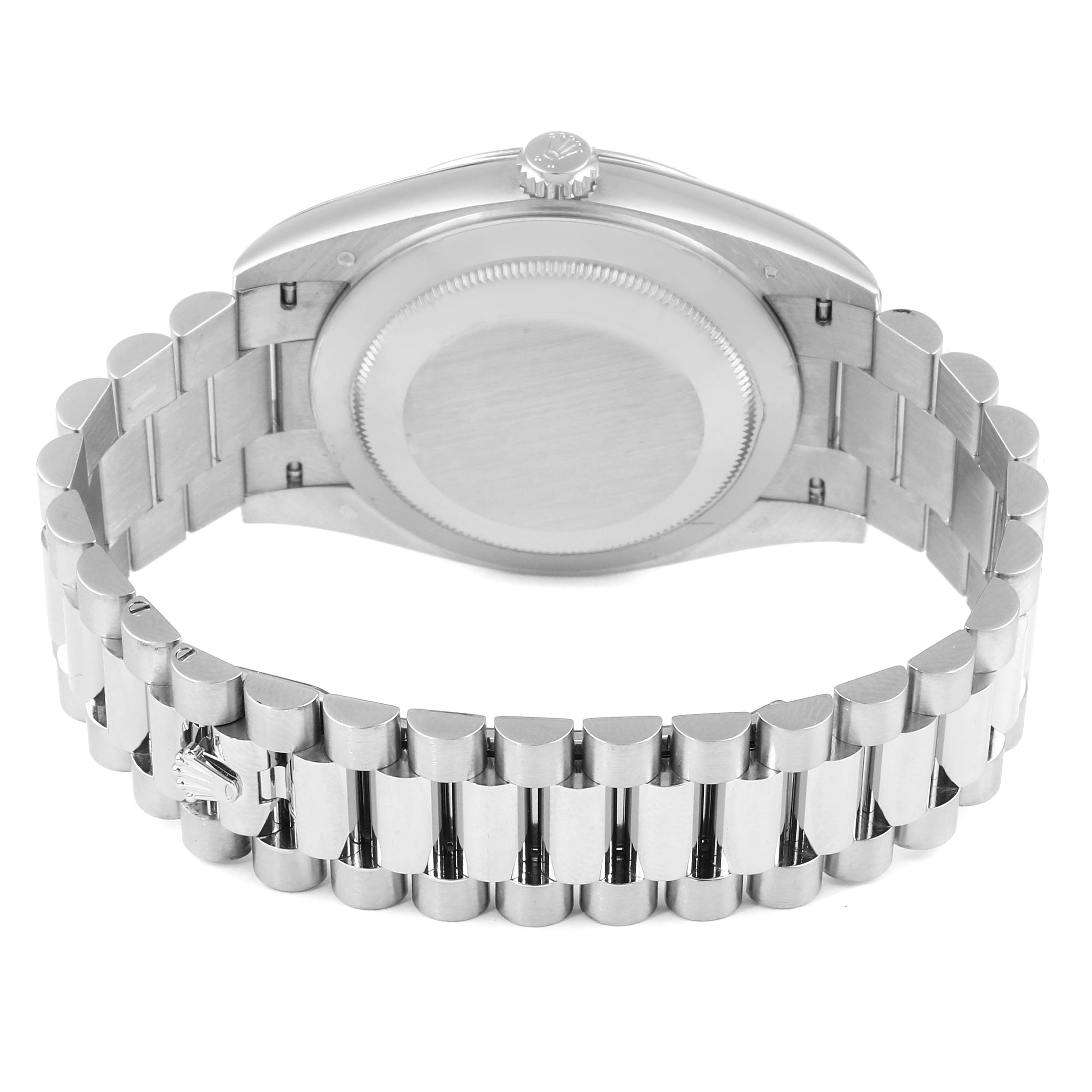 This image shows the back case and bracelet of a Rolex President 228239 Men's White Gold Blue Dial 228239 Men's White Gold Blue Dial model watch from a rear angle.