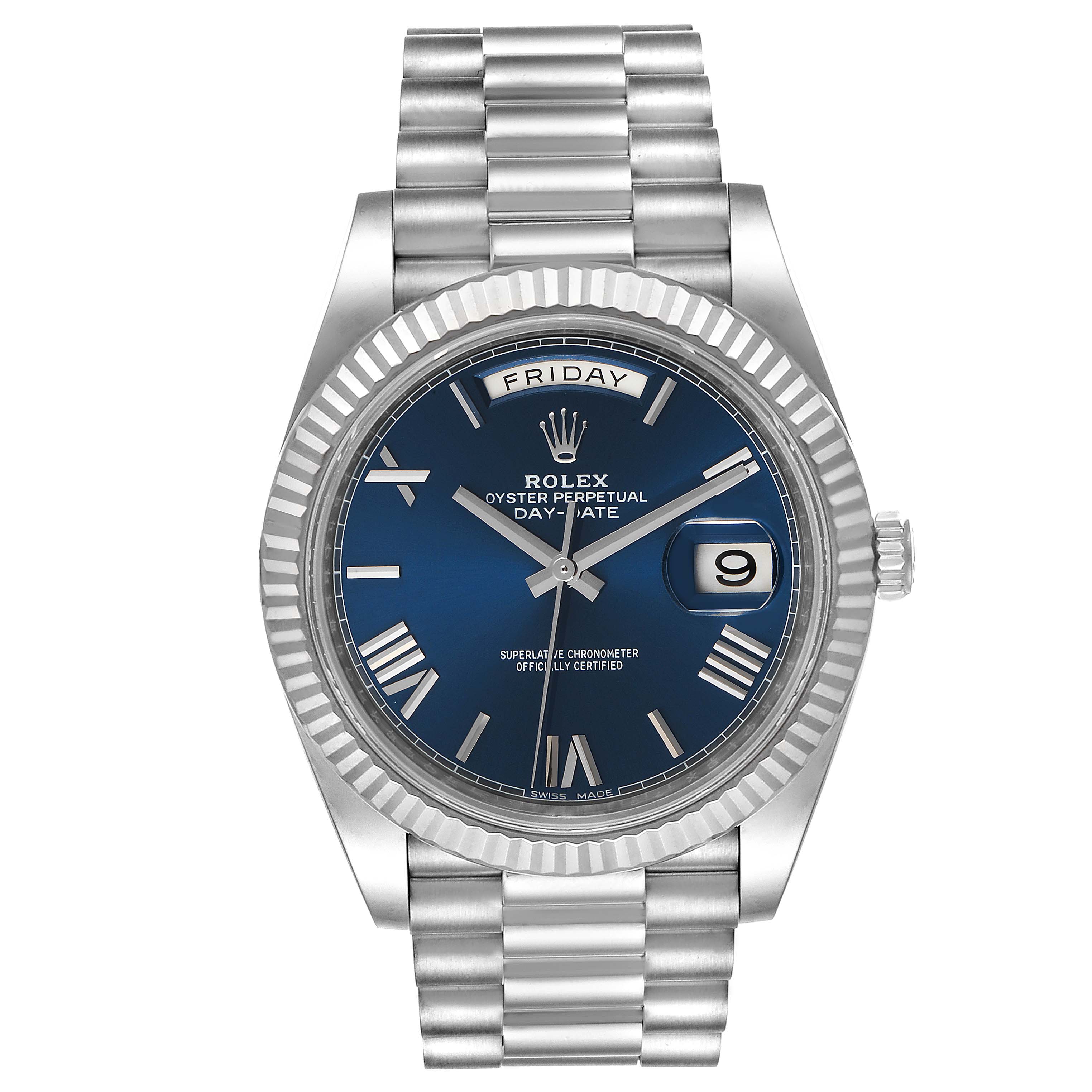 This image shows a front view of the Rolex President 228239 Men's White Gold Blue Dial 228239 Men's White Gold Blue Dial model watch, displaying its bezel, dial, and bracelet.