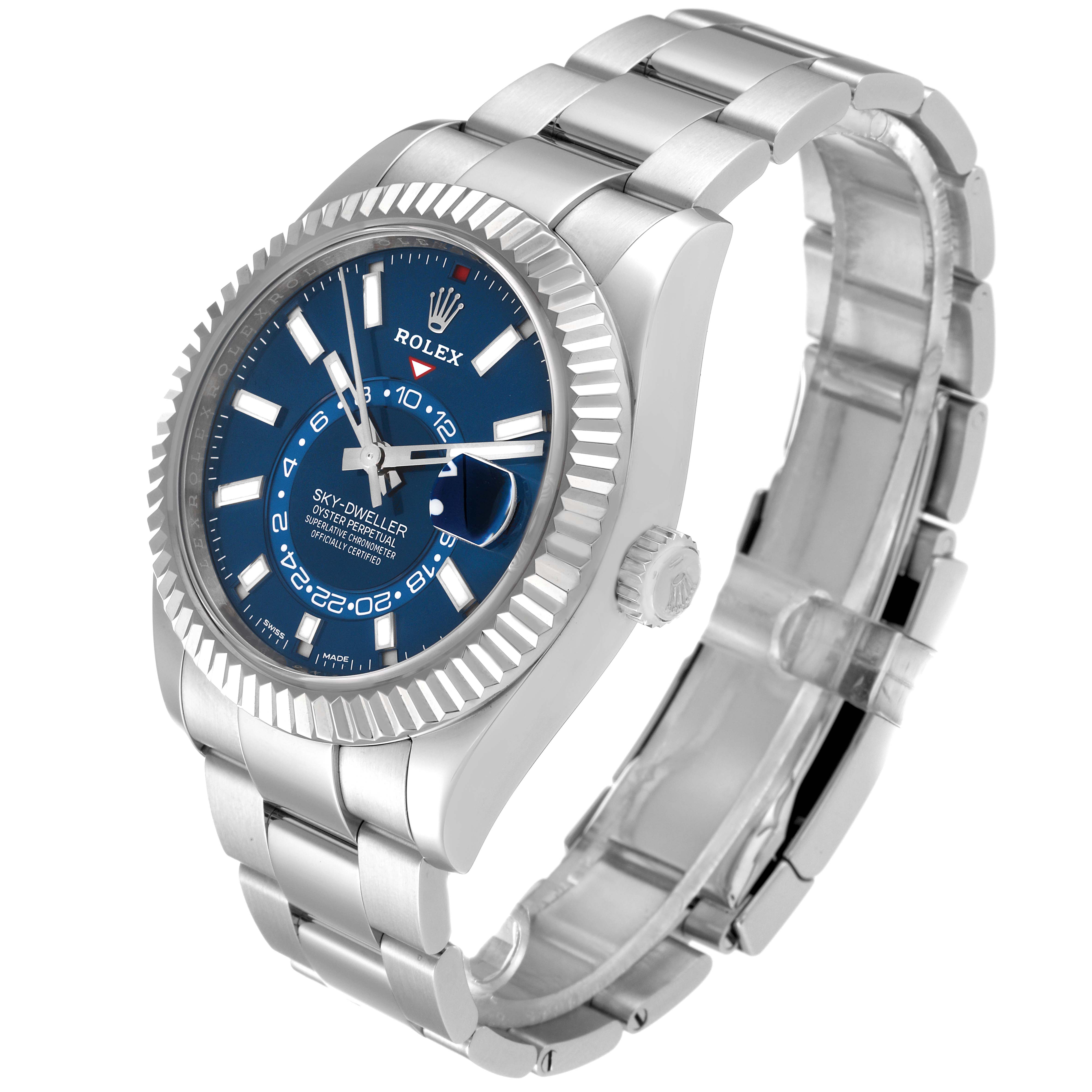 The image shows a side-angle view of the Rolex Sky-Dweller 326934 Men's Stainless Steel Blue Dial 326934 Men's Stainless Steel Blue Dial watch, highlighting the face, bezel, crown, and bracelet.