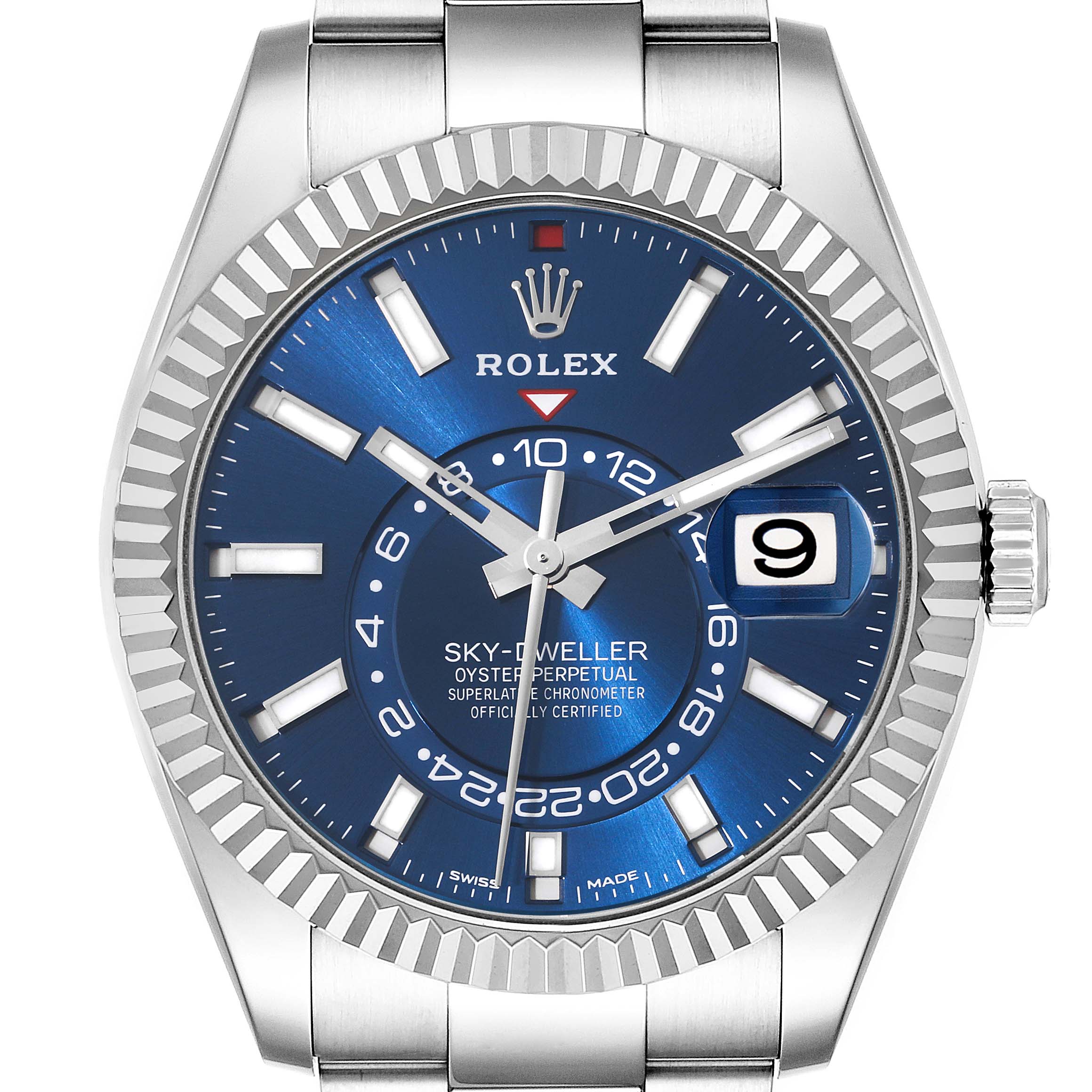 This image shows a front view of the Rolex Sky-Dweller 326934 Men's Stainless Steel Blue Dial 326934 Men's Stainless Steel Blue Dial watch, highlighting the blue dial, fluted bezel, and date display.