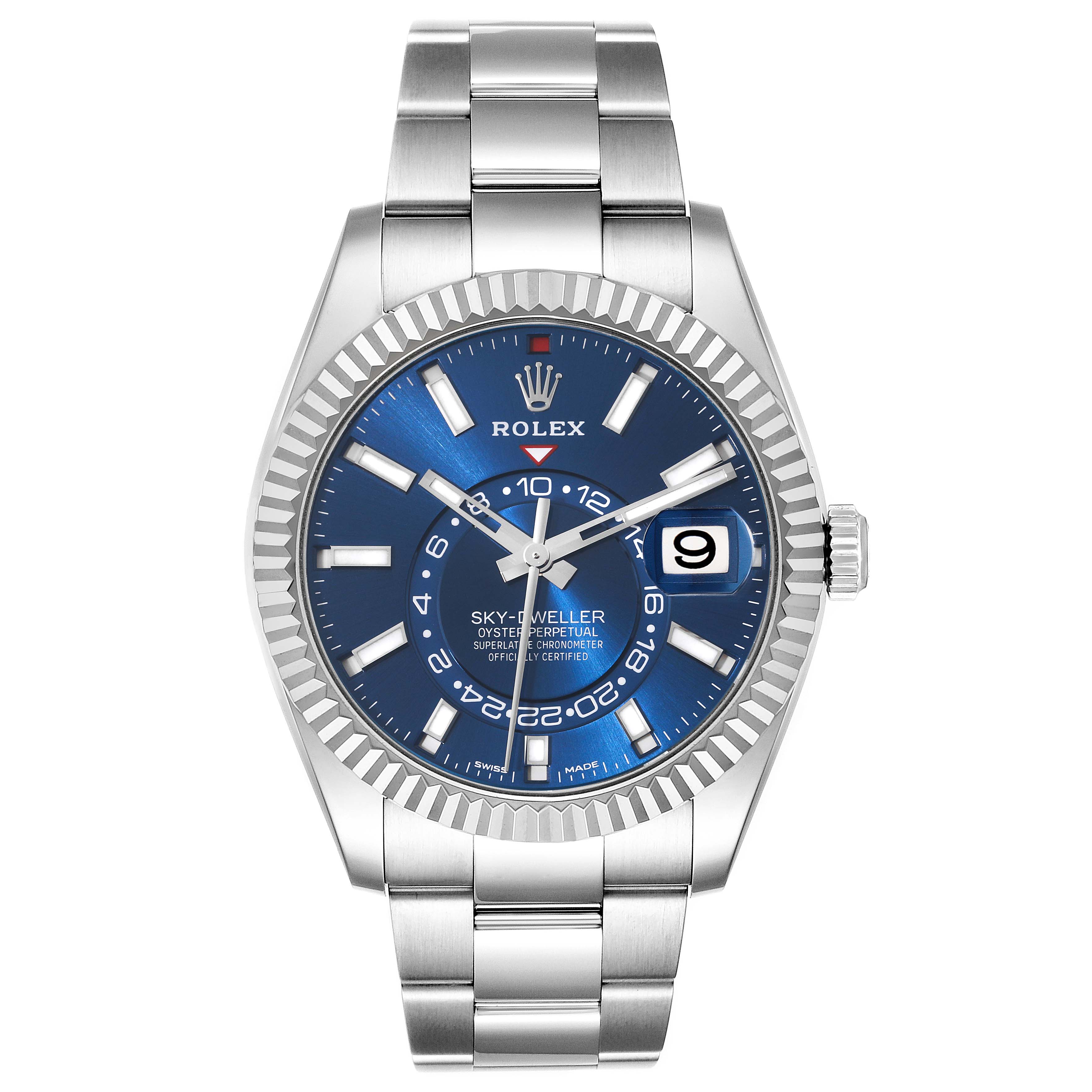 The image shows a front view of the Rolex Sky-Dweller 326934 Men's Stainless Steel Blue Dial 326934 Men's Stainless Steel Blue Dial watch, highlighting its blue dial, date display, and stainless steel bracelet.