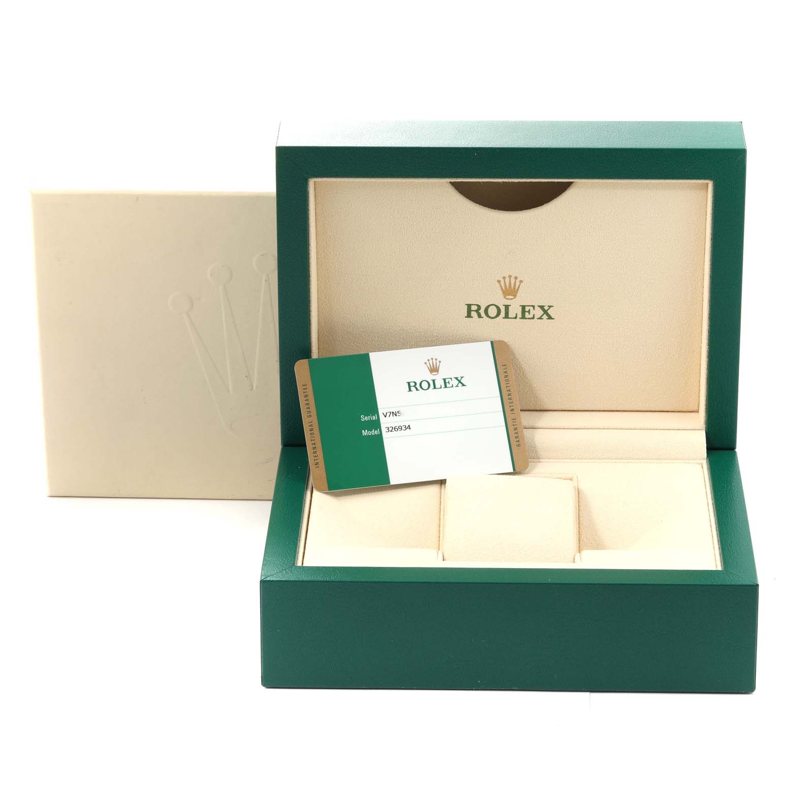 The image shows the packaging box and authenticity card for the Rolex Sky-Dweller 326934 Men's Stainless Steel Blue Dial 326934 Men's Stainless Steel Blue Dial watch.