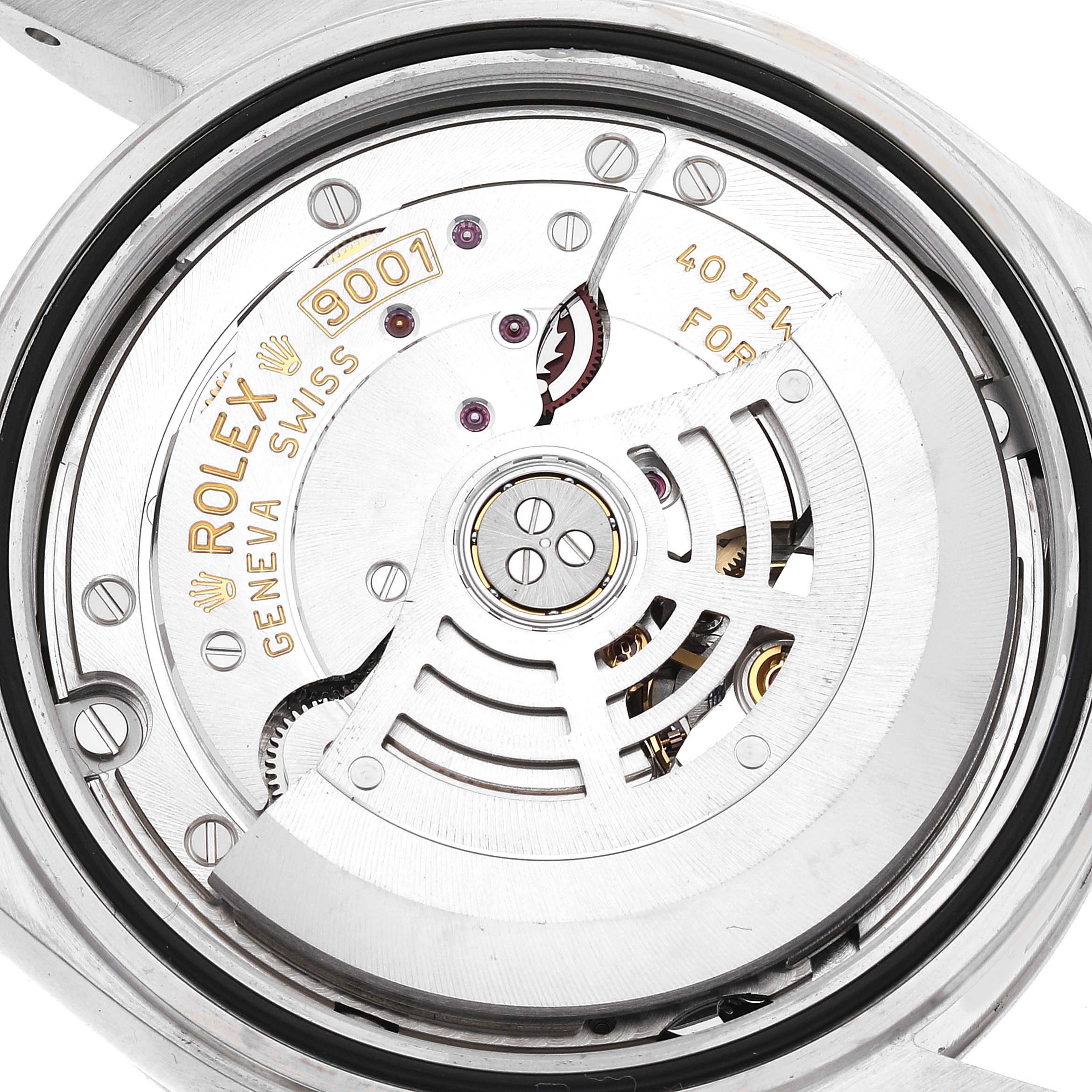 This image shows a close-up view of the movement mechanism of a Rolex Sky-Dweller 326934 Men's Stainless Steel Blue Dial 326934 Men's Stainless Steel Blue Dial watch.