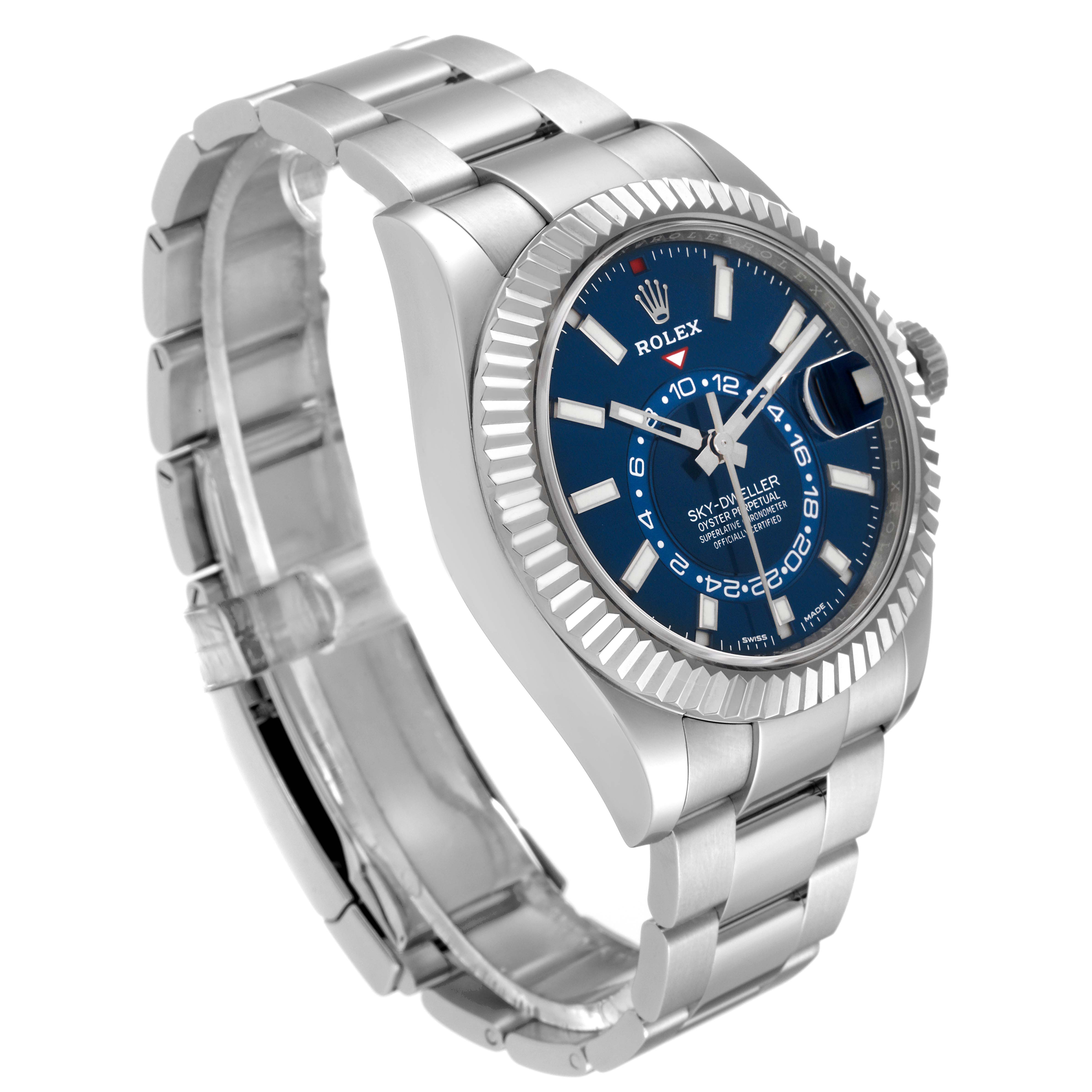 The image shows a side and front angle of the Rolex Sky-Dweller 326934 Men's Stainless Steel Blue Dial 326934 Men's Stainless Steel Blue Dial watch, focusing on its blue dial and stainless steel bracelet.