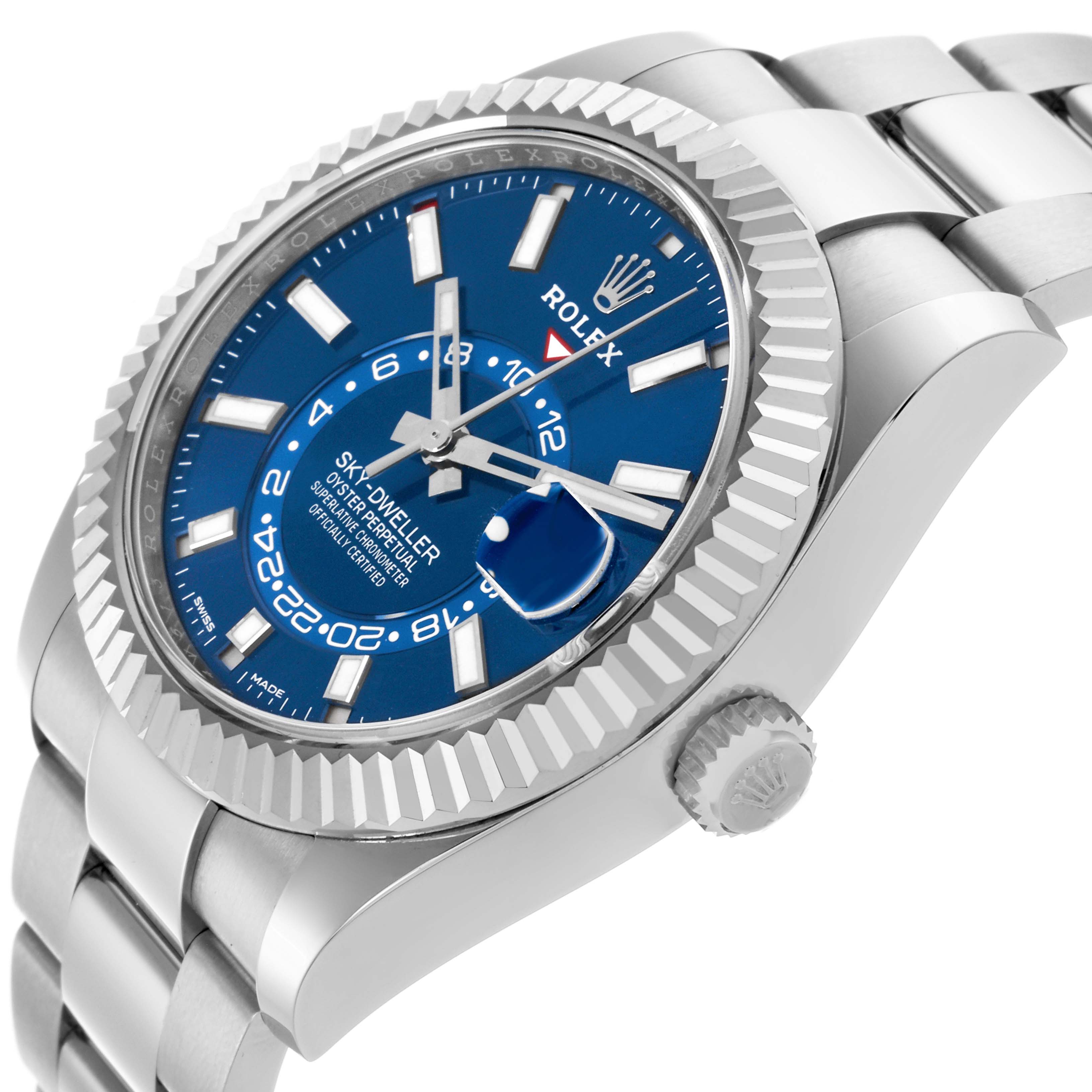 The Rolex Sky-Dweller 326934 Men's Stainless Steel Blue Dial 326934 Men's Stainless Steel Blue Dial watch is shown at a three-quarter angle, highlighting the dial, bezel, crown, and part of the bracelet.