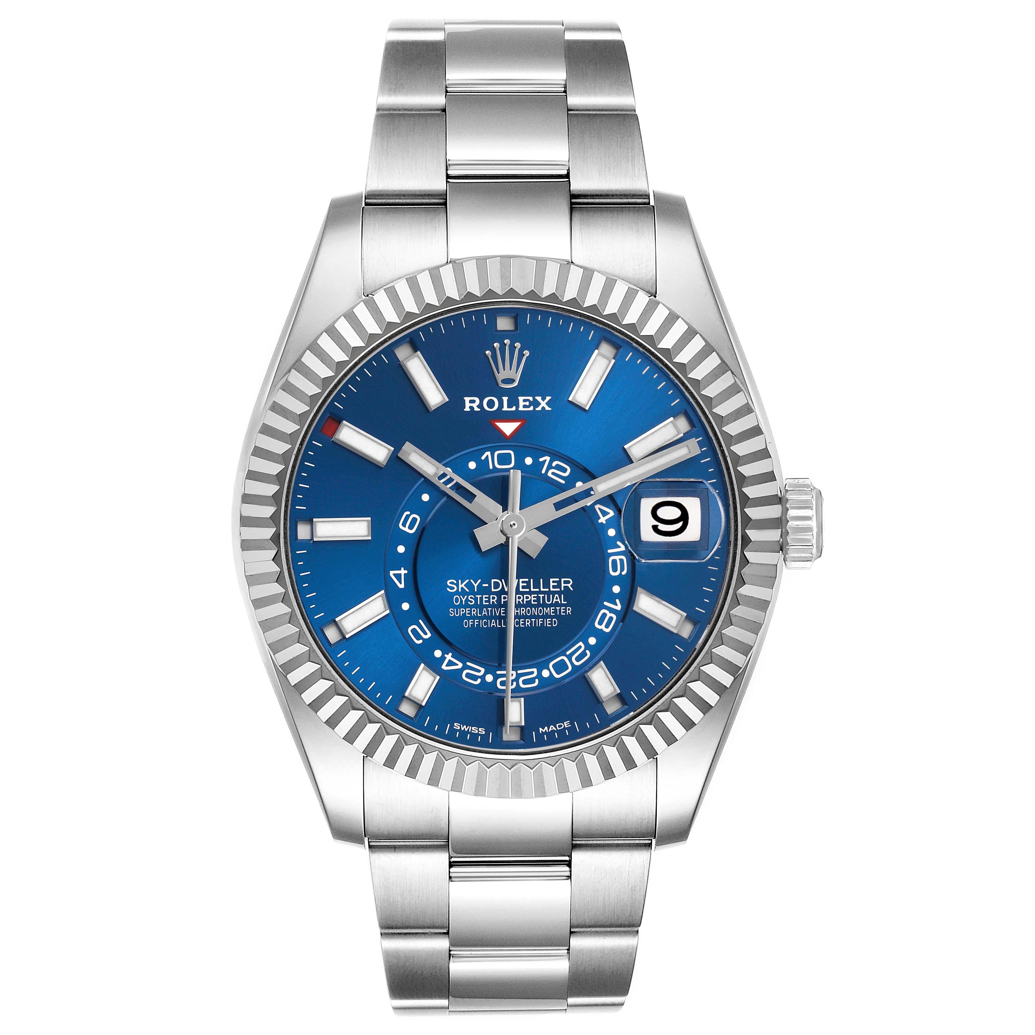 The image shows a frontal view of the Rolex Sky-Dweller 326934 Men's Stainless Steel Blue Dial 326934 Men's Stainless Steel Blue Dial watch, featuring the blue dial, bezel, bracelet, and date display.