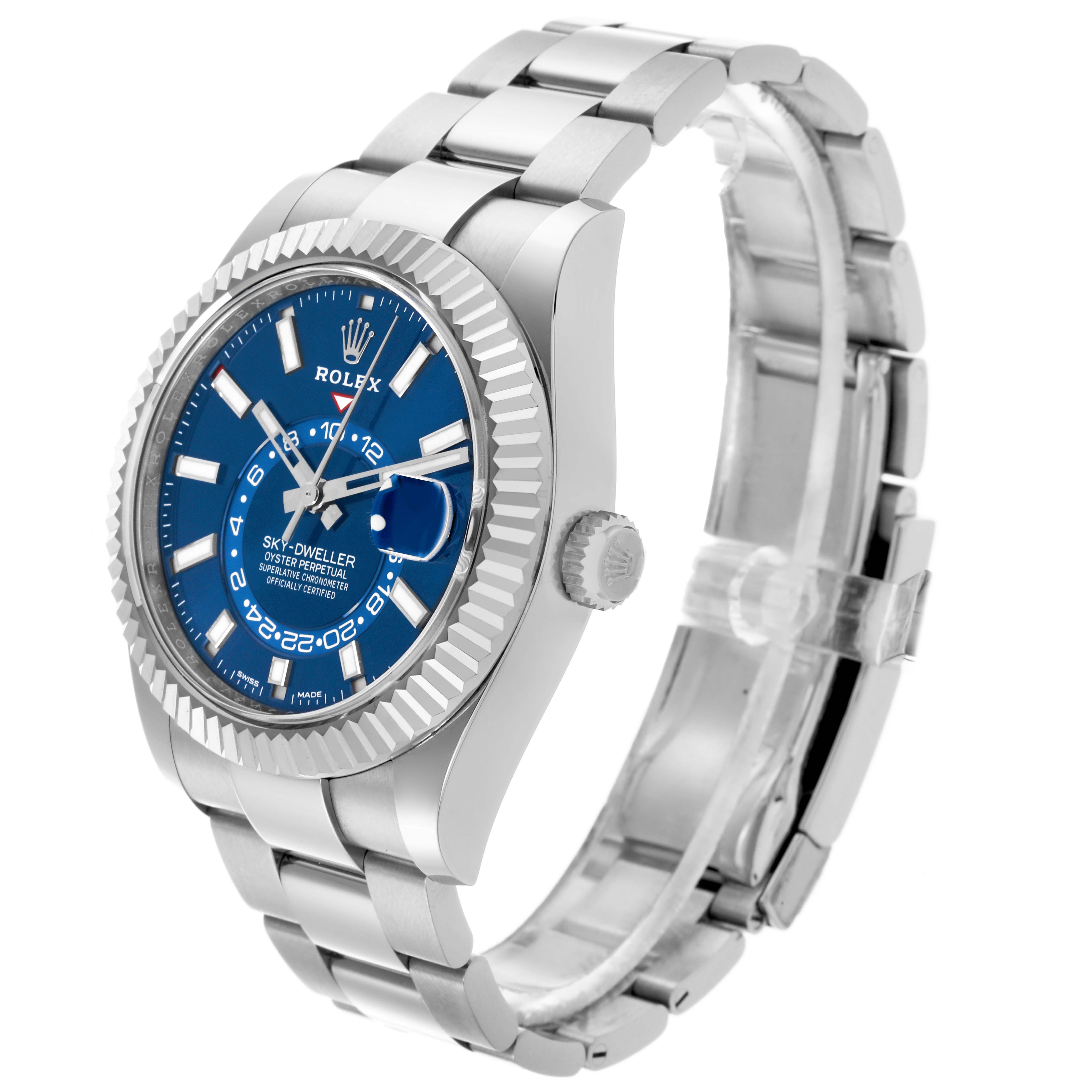 The Rolex Sky-Dweller 326934 Men's Stainless Steel Blue Dial 326934 Men's Stainless Steel Blue Dial watch is shown at an angle displaying the face, bracelet, bezel, and crown.