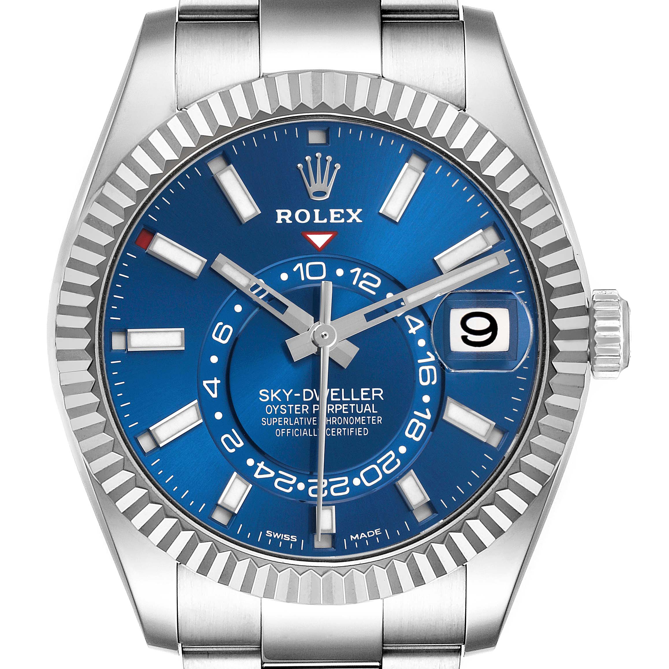 The Rolex Sky-Dweller 326934 Men's Stainless Steel Blue Dial 326934 Men's Stainless Steel Blue Dial watch is shown from the front, displaying the dial, bezel, crown, and part of the bracelet.