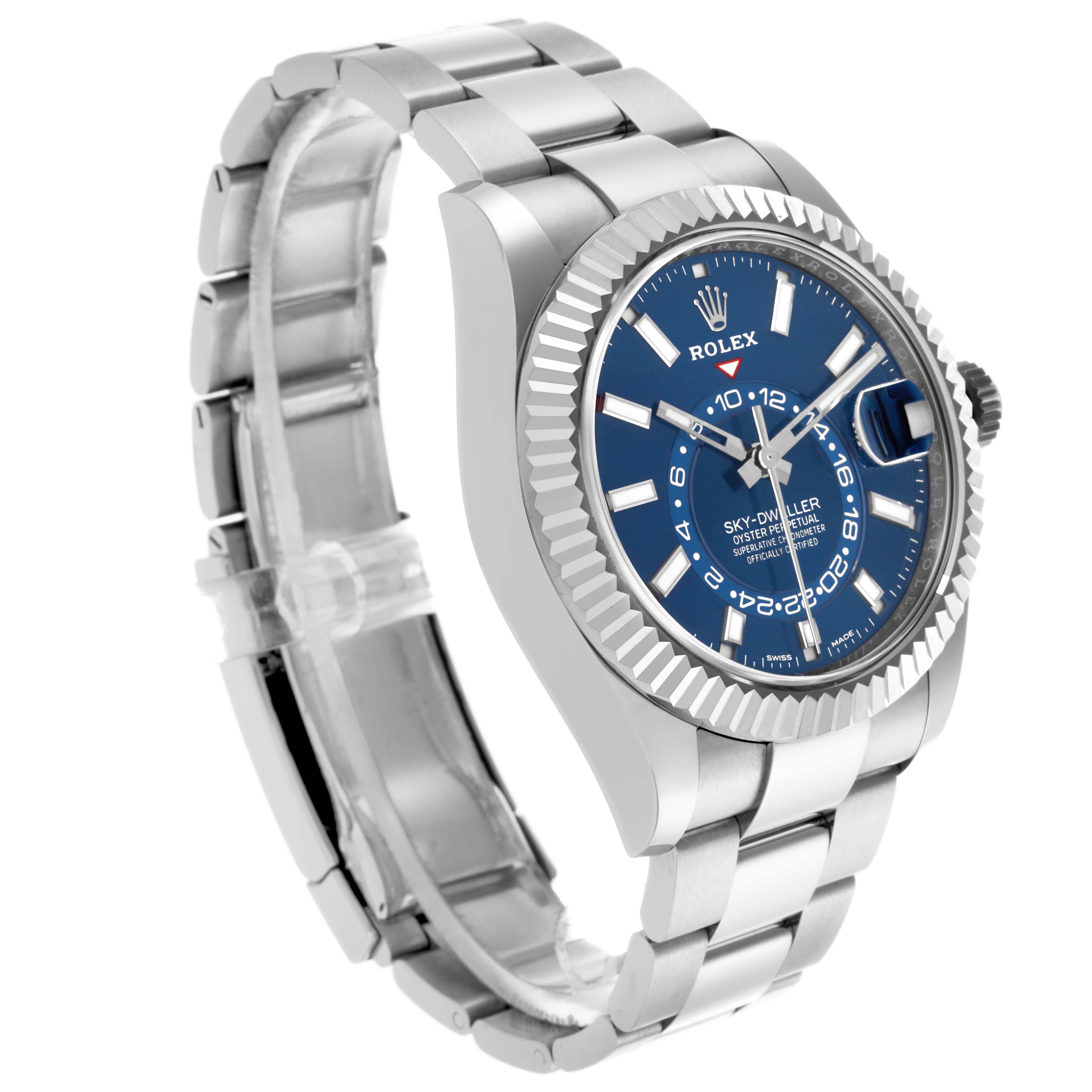 The Rolex Sky-Dweller 326934 Men's Stainless Steel Blue Dial 326934 Men's Stainless Steel Blue Dial watch is shown at a three-quarter angle, highlighting the dial, bezel, case, and bracelet.