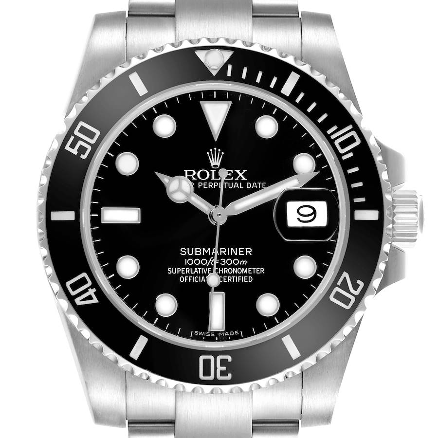 The Rolex Submariner watch is shown from the front, highlighting the dial, bezel, and part of the bracelet.