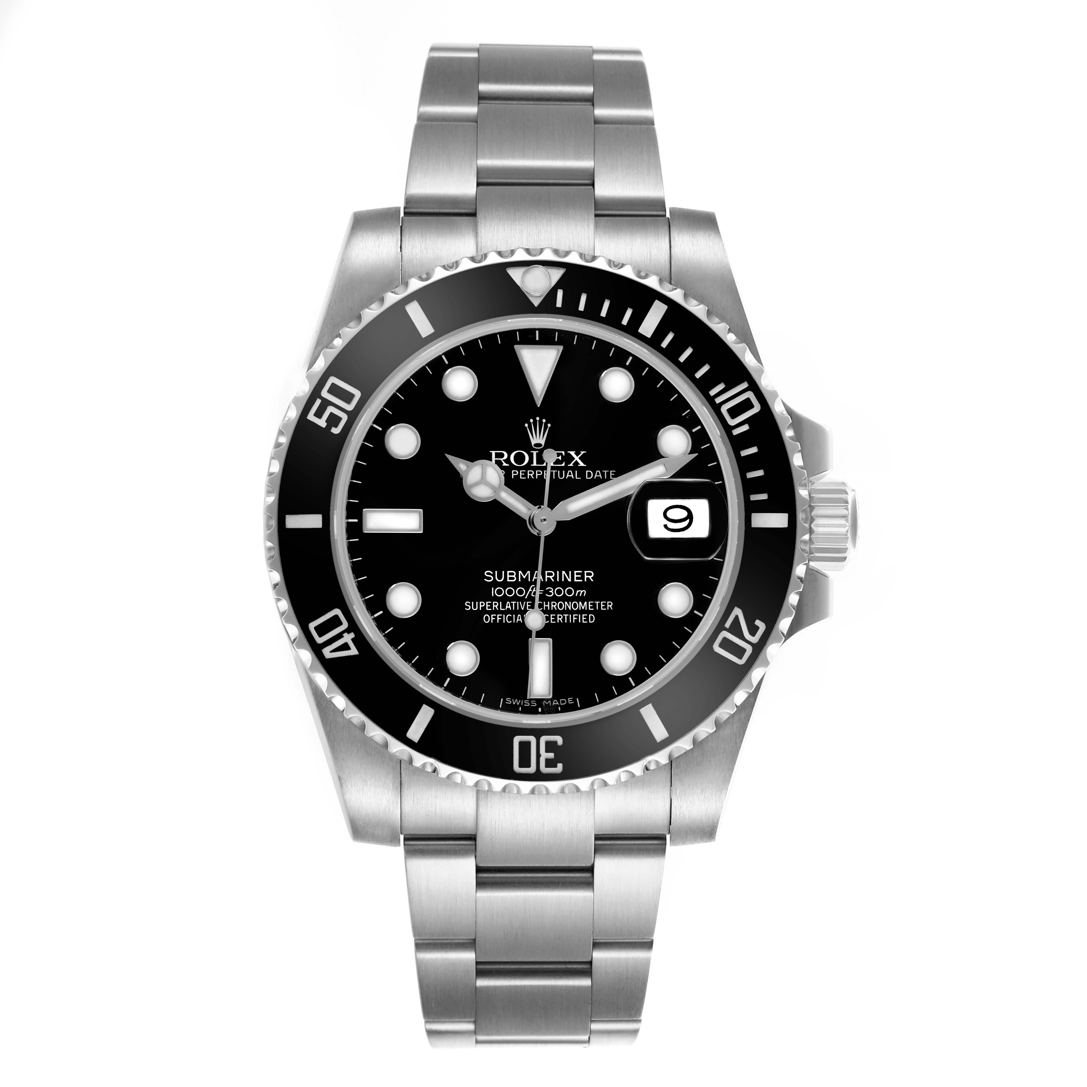 The Rolex Submariner 116610LN Men's Stainless Steel Black Dial 116610LN Men's Stainless Steel Black Dial watch is shown from a front angle, displaying the dial, bezel, case, and bracelet.