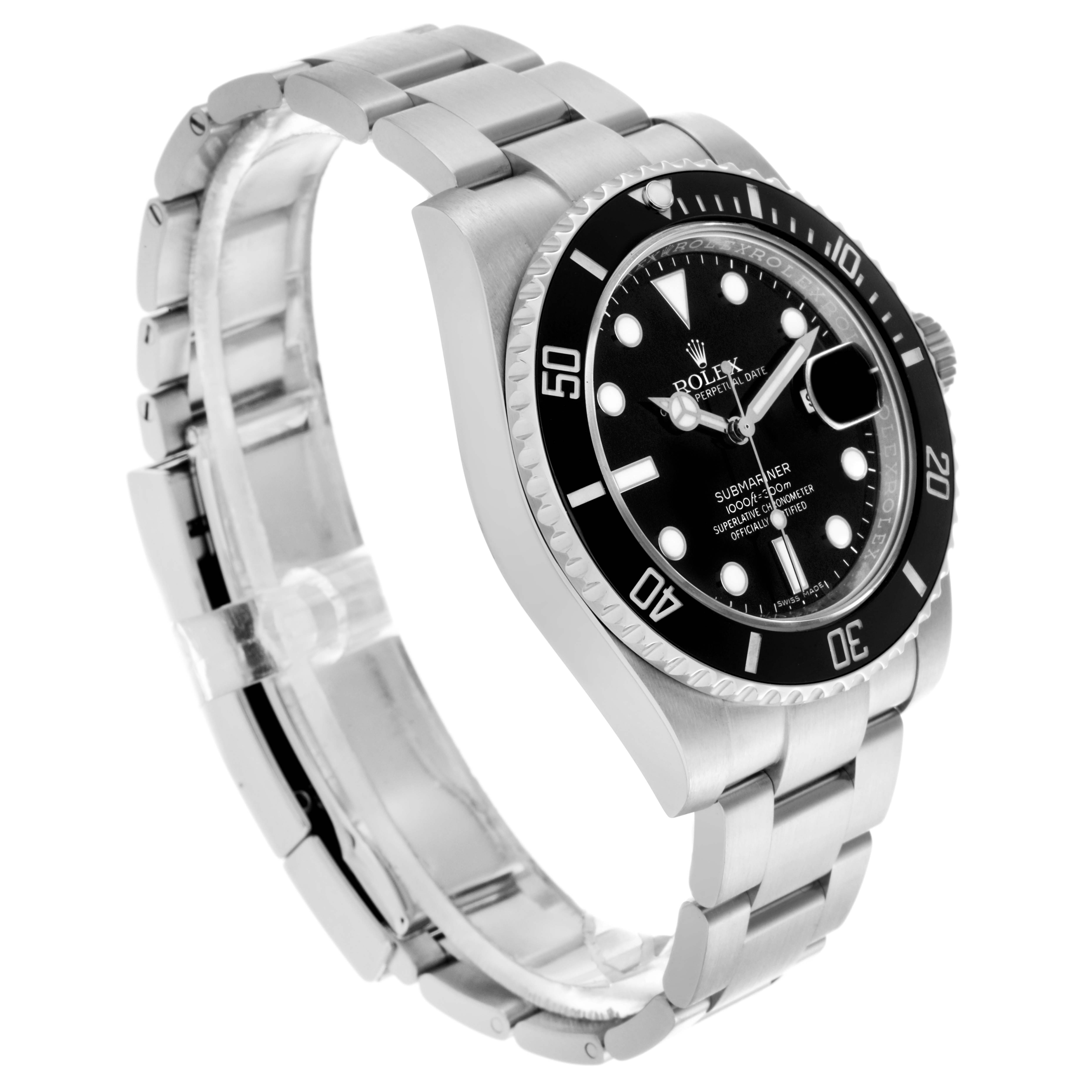 The Rolex Submariner 116610LN Men's Stainless Steel Black Dial 116610LN Men's Stainless Steel Black Dial watch is shown at a three-quarter angle, highlighting the face, bezel, and bracelet.