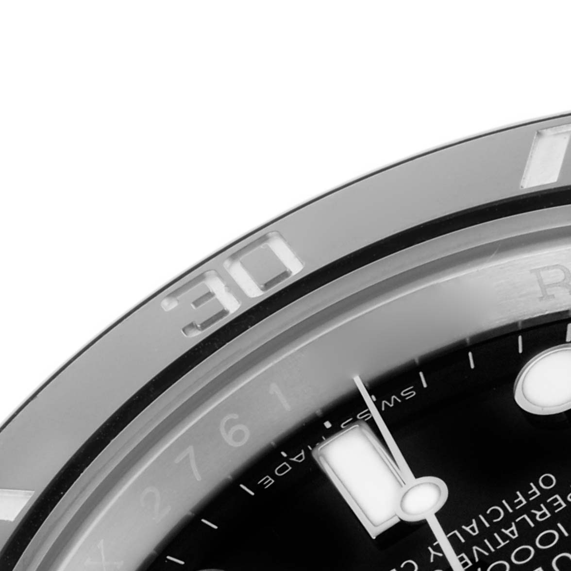 The image shows a close-up of the bezel and part of the dial of a Rolex Submariner 116610LN Men's Stainless Steel Black Dial 116610LN Men's Stainless Steel Black Dial watch, highlighting the 30-minute marker.