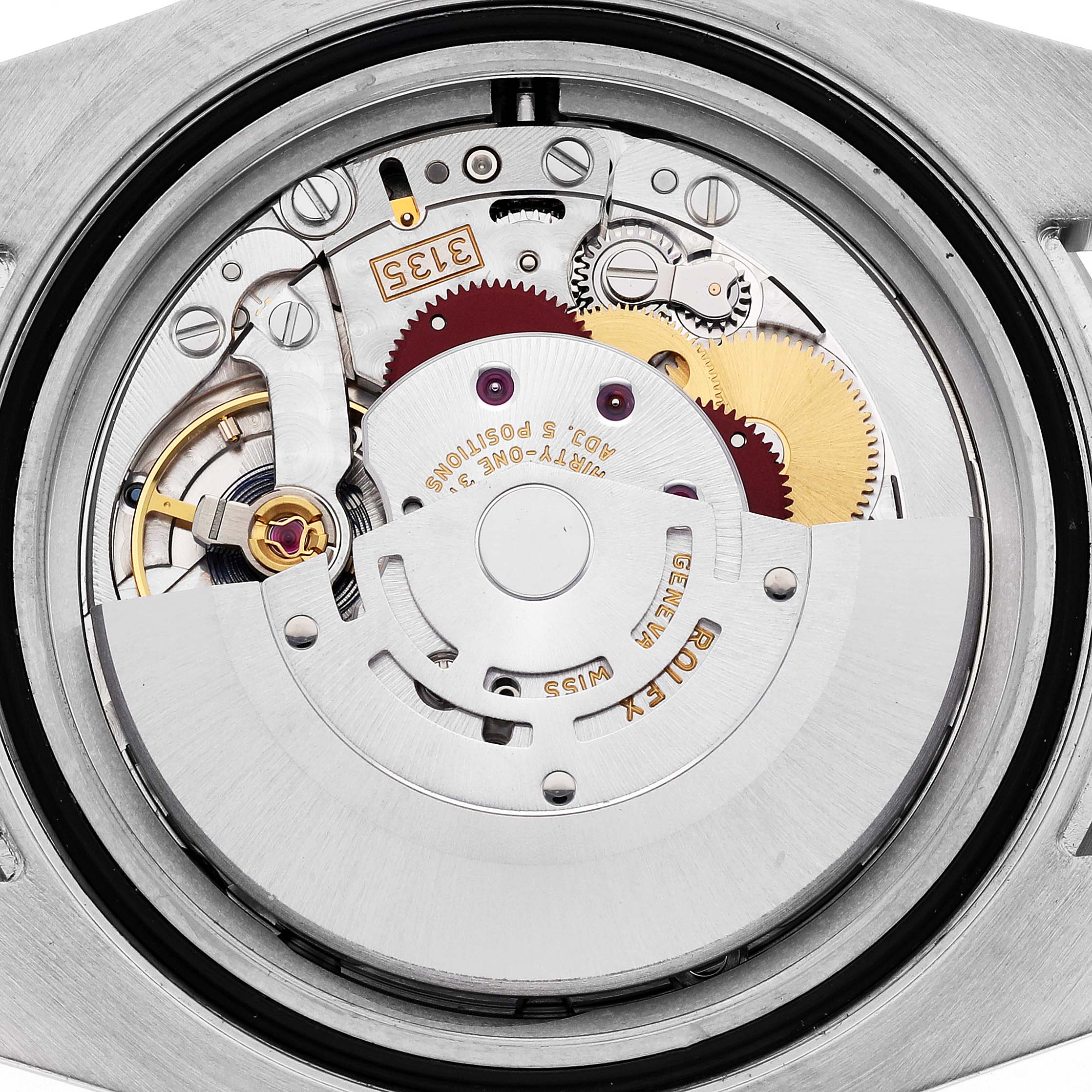 The image shows the movement mechanism of a Rolex Submariner 116610LN Men's Stainless Steel Black Dial 116610LN Men's Stainless Steel Black Dial watch, viewed from the back, displaying gears and components.