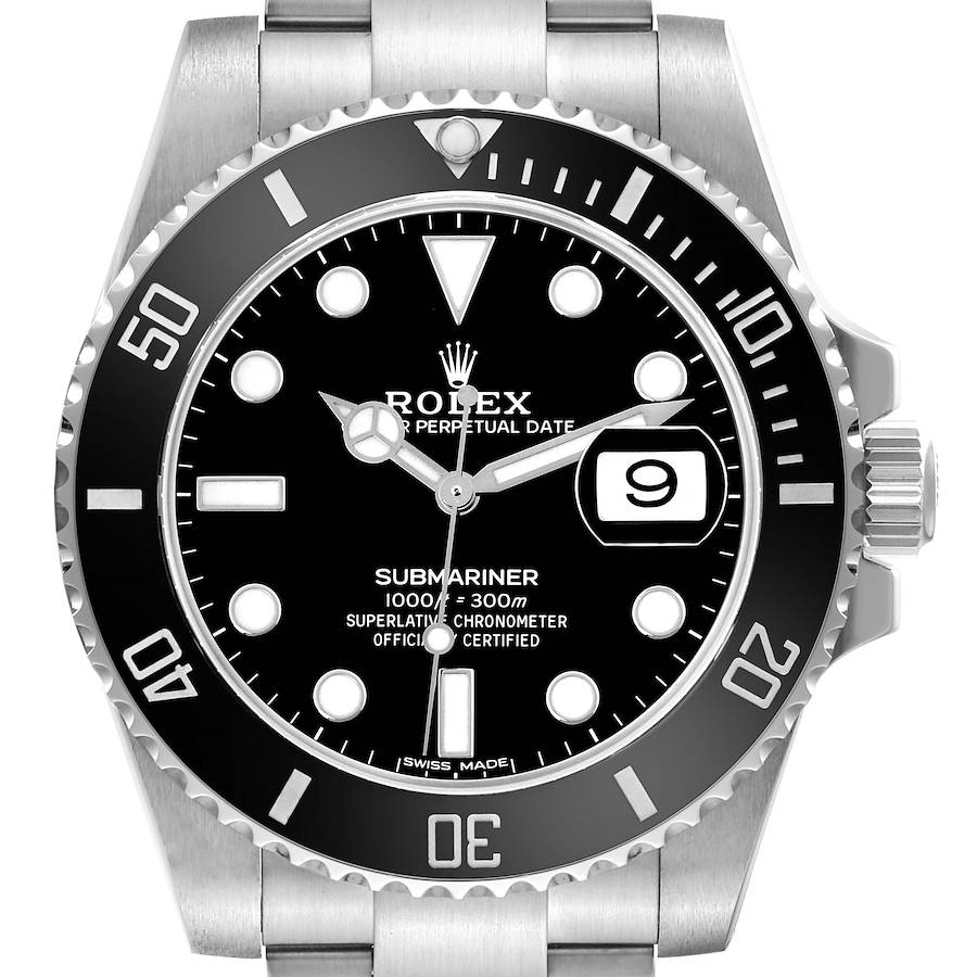 The Rolex Submariner watch is shown from a direct front angle, displaying the dial, bezel, and part of the bracelet.