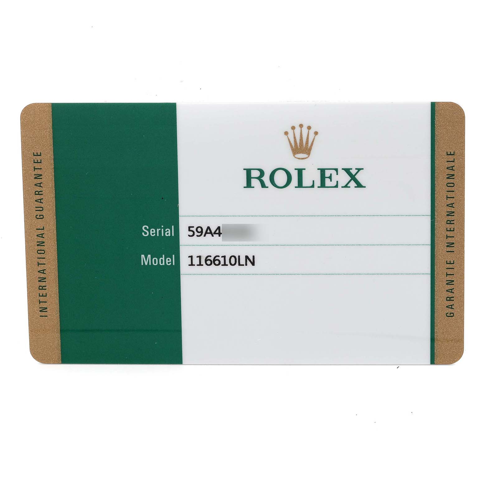 This image shows the international guarantee card for a Rolex Submariner 116610LN Men's Stainless Steel Black Dial 116610LN Men's Stainless Steel Black Dial model 116610LN.