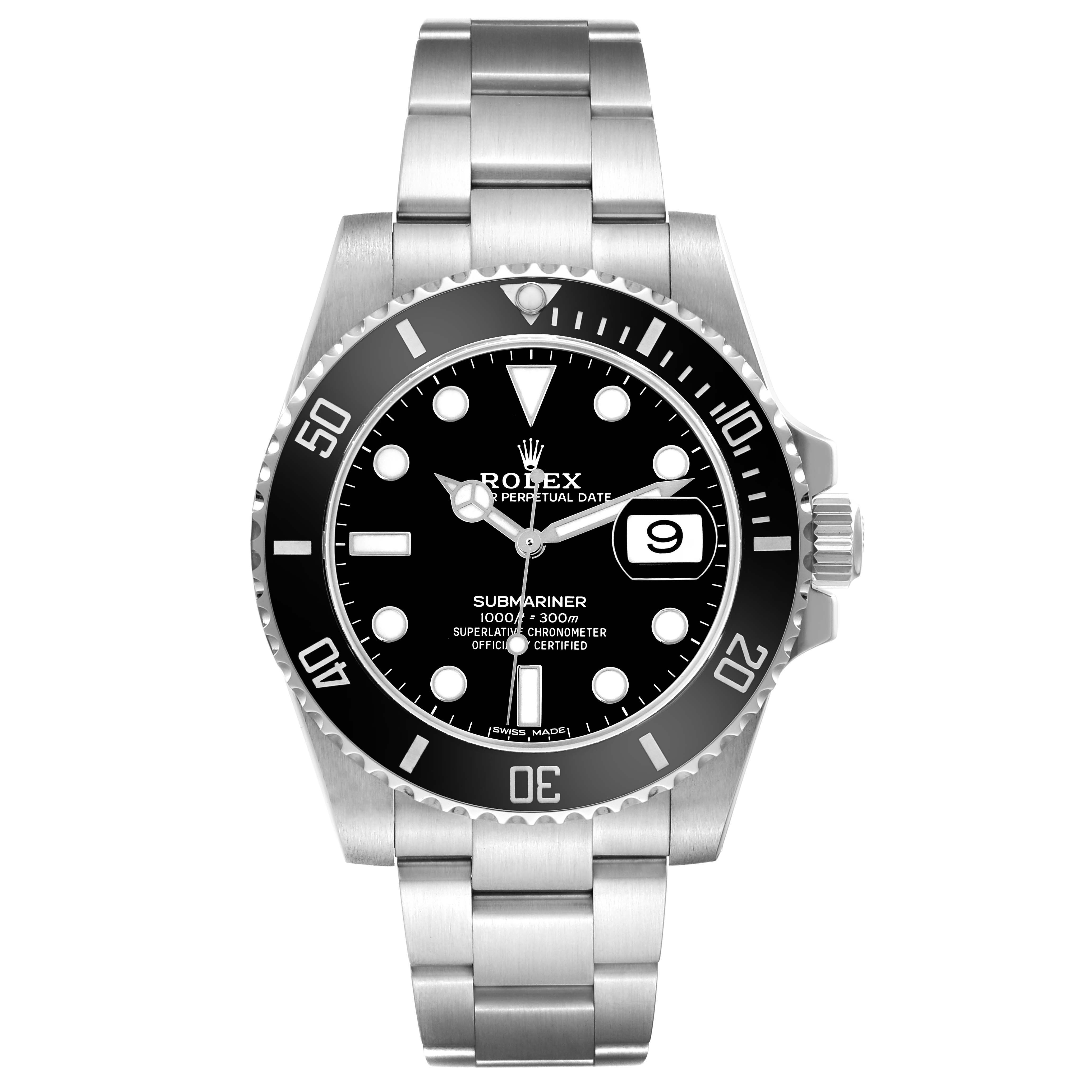 The image shows a frontal view of the Rolex Submariner 116610LN Men's Stainless Steel Black Dial 116610LN Men's Stainless Steel Black Dial watch, displaying the dial, bezel, and bracelet.