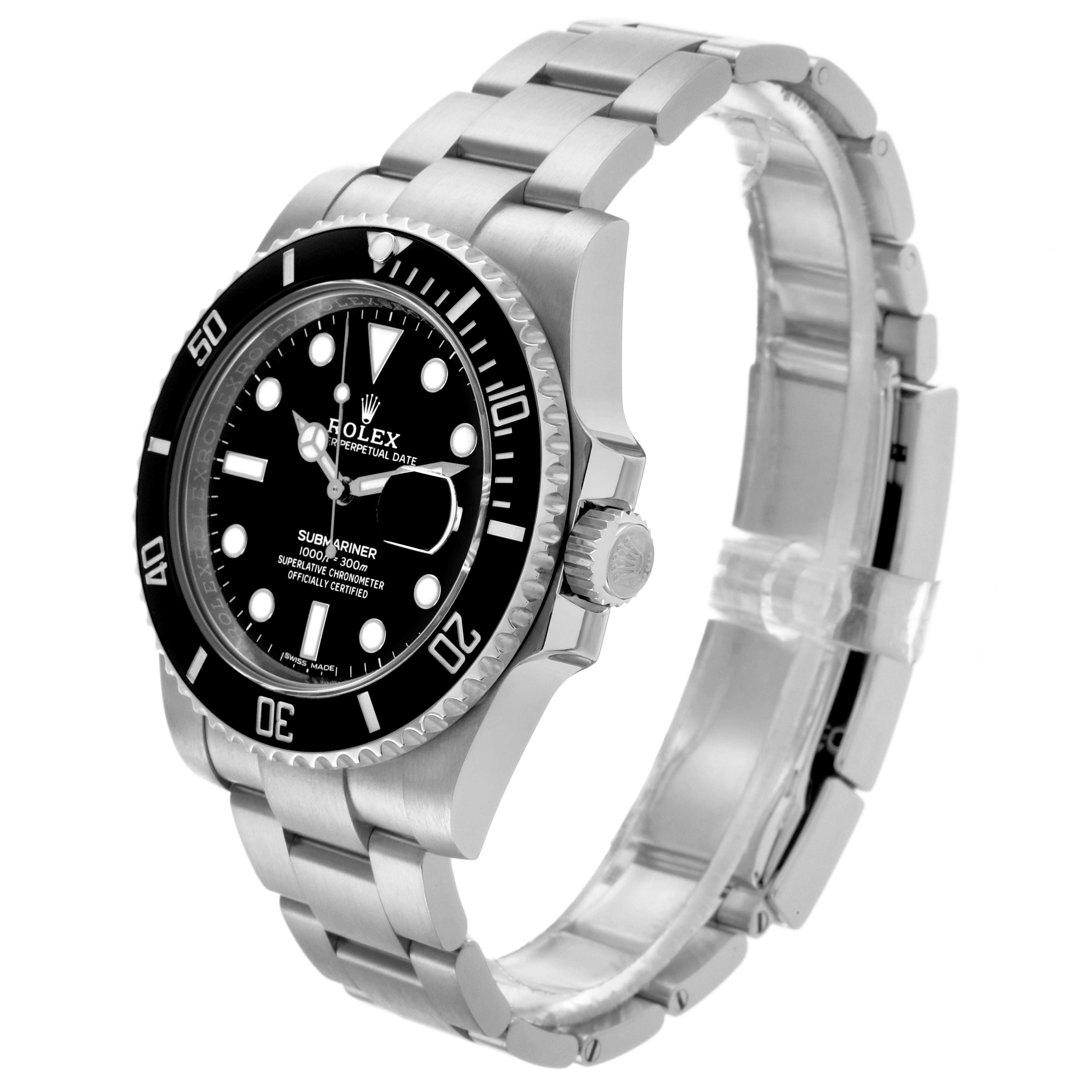 The Rolex Submariner 116610LN Men's Stainless Steel Black Dial 116610LN Men's Stainless Steel Black Dial watch is shown at an angled side view, displaying the face, bezel, crown, and bracelet.