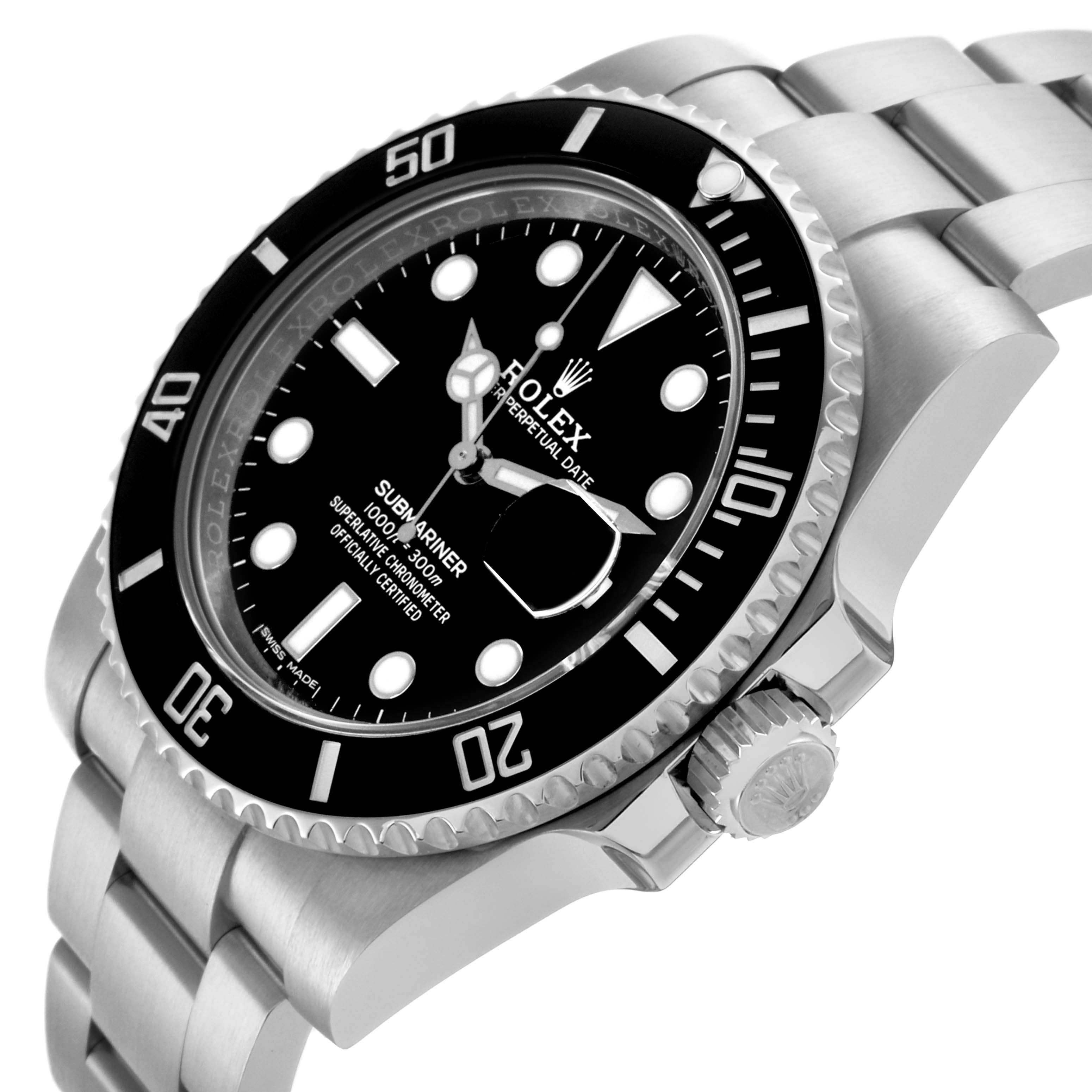 The Rolex Submariner 116610LN Men's Stainless Steel Black Dial 116610LN Men's Stainless Steel Black Dial watch is shown at an angle showcasing the dial, bezel, crown, and bracelet.