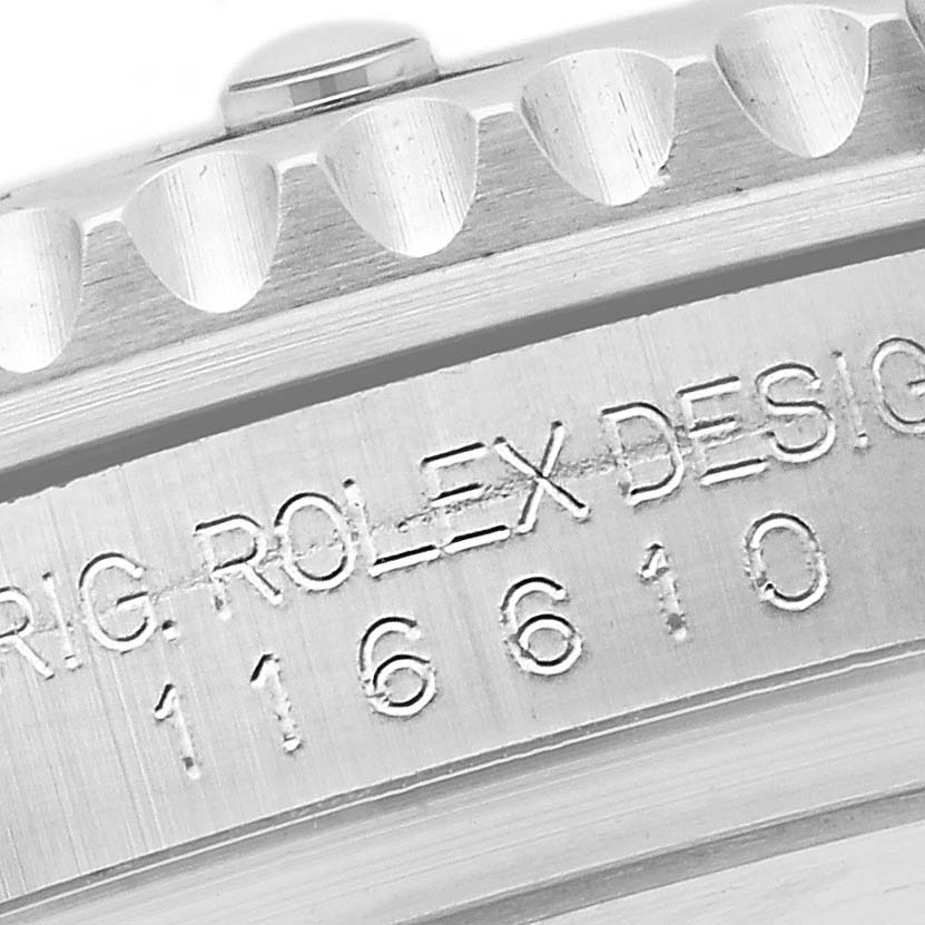 The image shows a close-up of the Rolex Submariner 116610LN Men's Stainless Steel Black Dial 116610LN Men's Stainless Steel Black Dial's case side, highlighting the model number and design details.