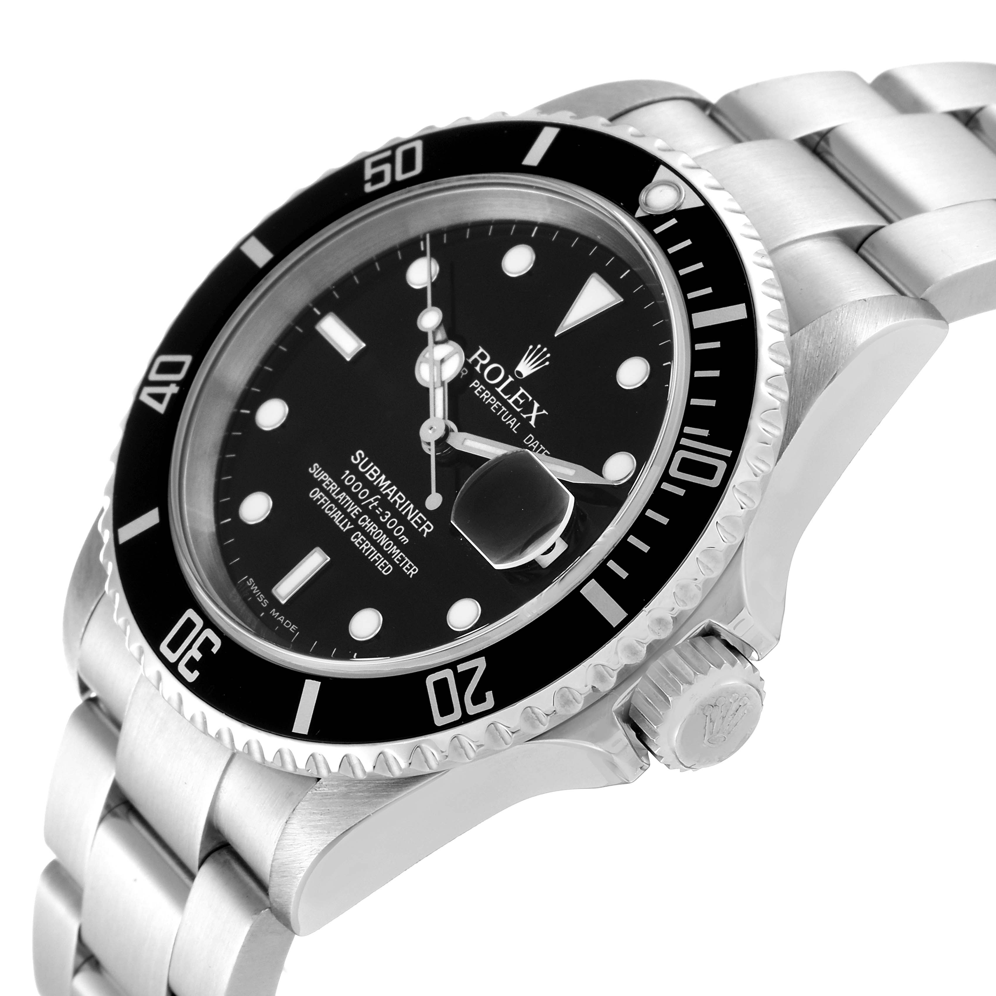 The Rolex Submariner 16610 Men
s Stainless Steel Black Dial 16610 Men
s Stainless Steel Black Dial watch is shown at an angle highlighting its bezel, dial, crown, and bracelet.