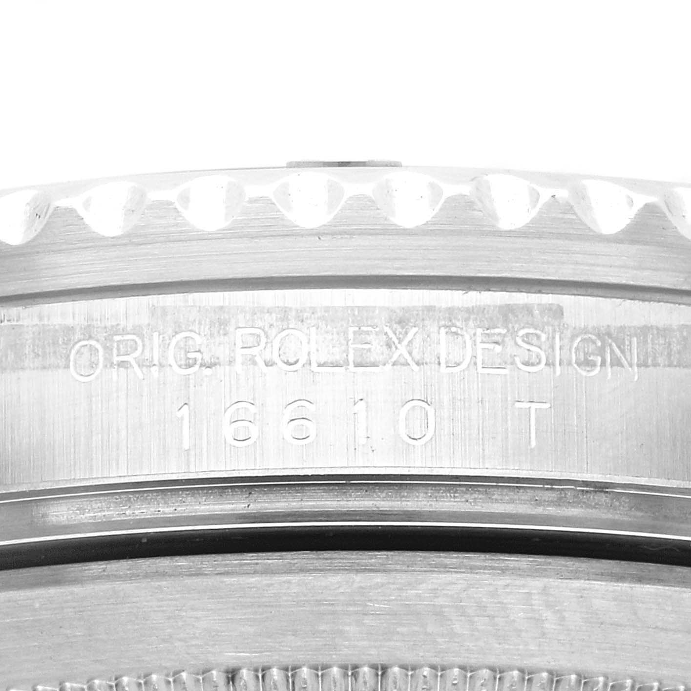 The image shows a close-up of the watch case engraving and bezel of a Rolex Submariner 16610 Men
s Stainless Steel Black Dial 16610 Men
s Stainless Steel Black Dial model.