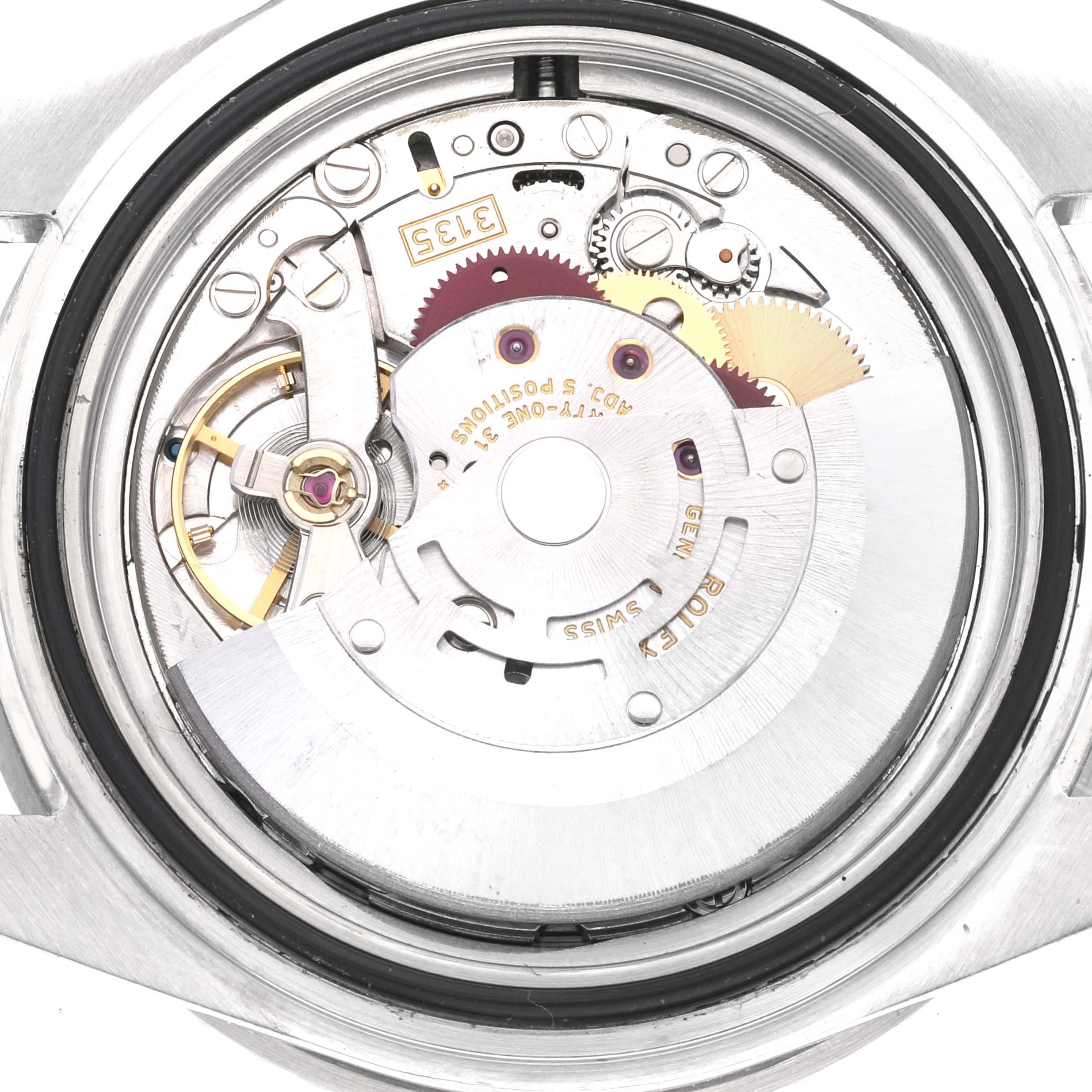 The image shows the internal movement mechanism of a Rolex Submariner 16610 Men
s Stainless Steel Black Dial 16610 Men
s Stainless Steel Black Dial watch from a bottom view angle.