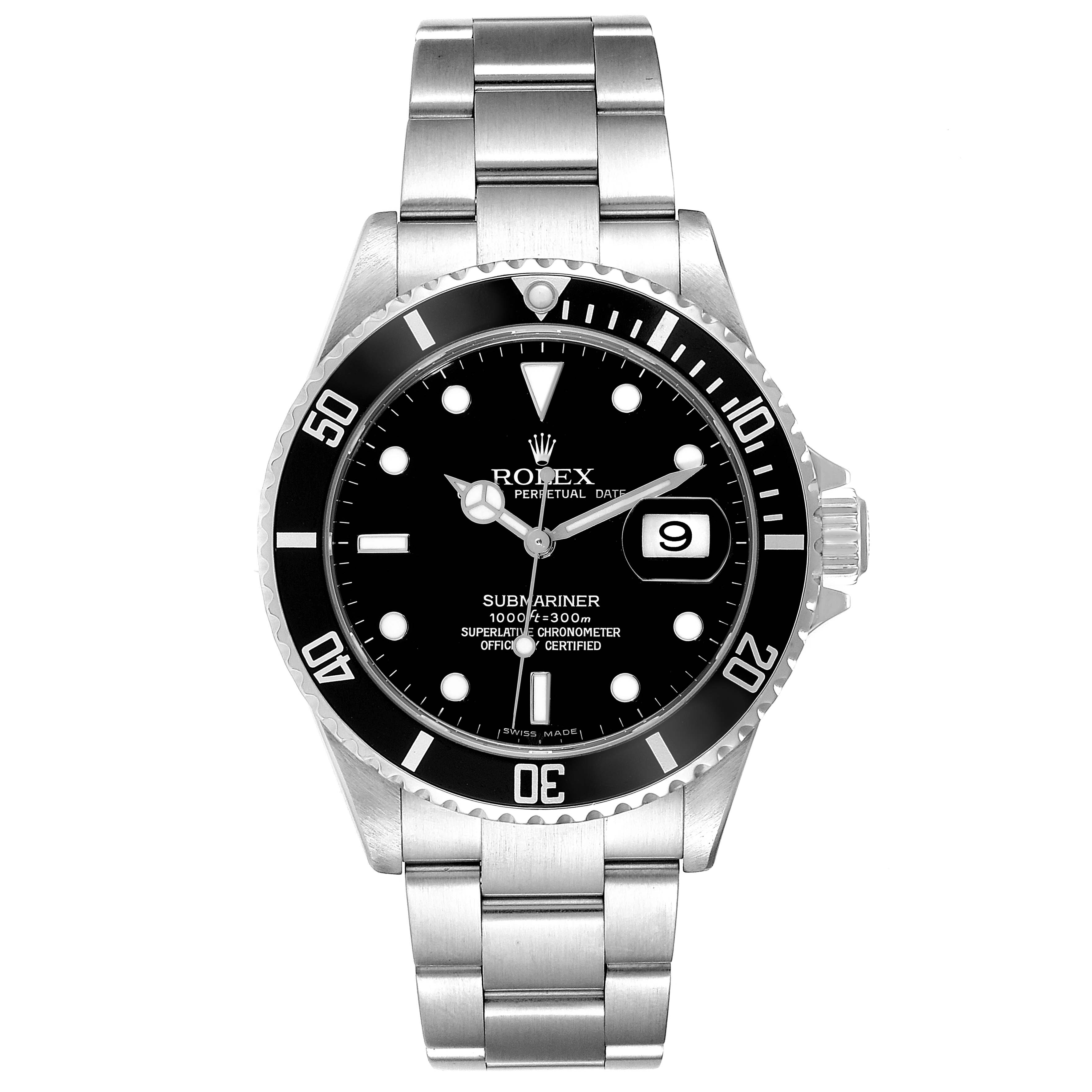 The Rolex Submariner 16610 Men
s Stainless Steel Black Dial 16610 Men
s Stainless Steel Black Dial watch is shown from the front, displaying the face, bezel, bracelet, and date window.