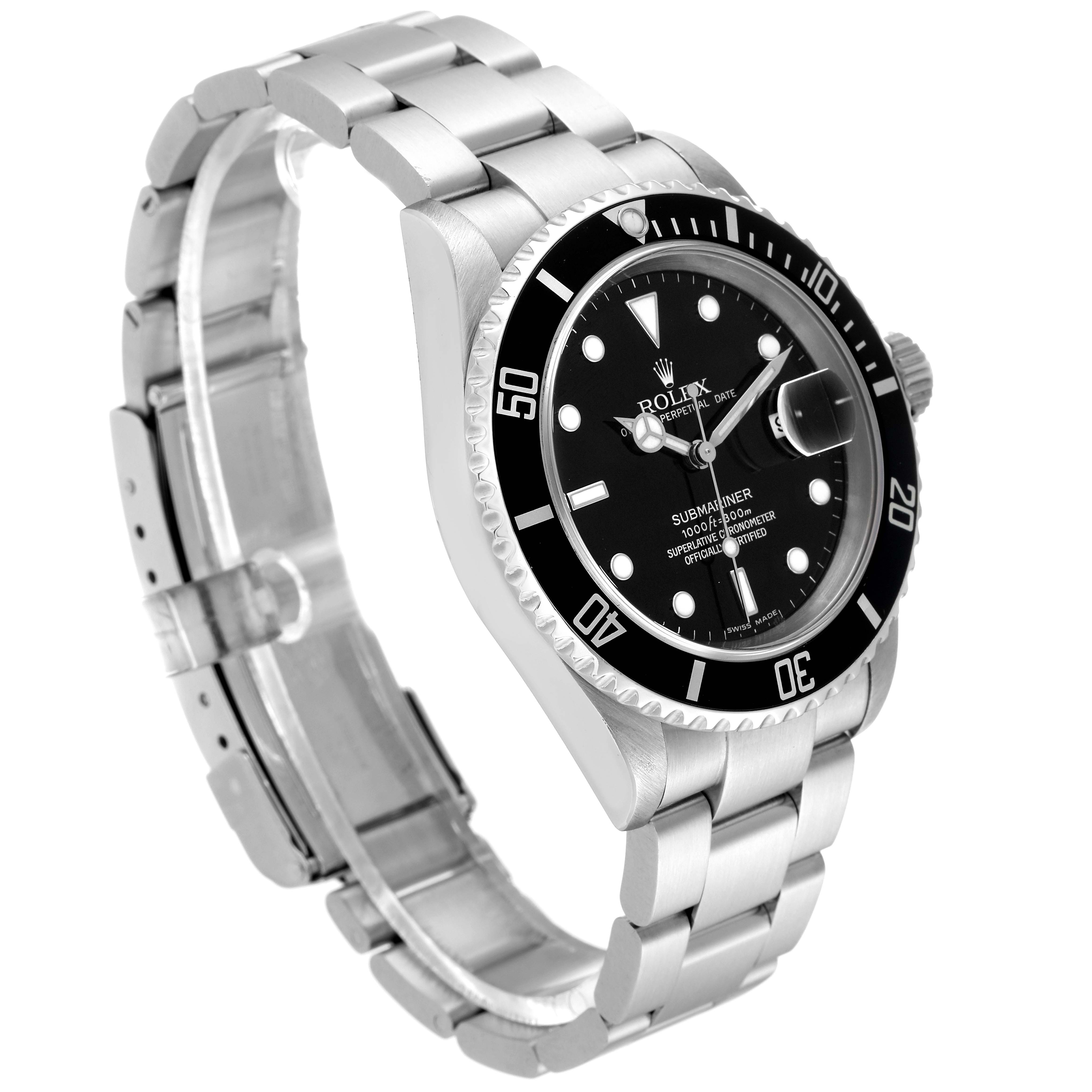 The Rolex Submariner 16610 Men
s Stainless Steel Black Dial 16610 Men
s Stainless Steel Black Dial watch is shown at an angle highlighting the face, bezel, and stainless steel bracelet.