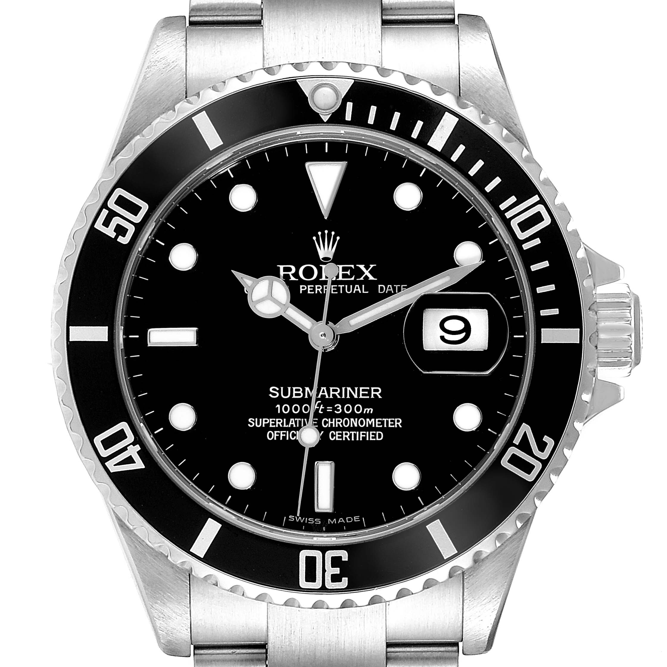The image shows a front view of a Rolex Submariner 16610 Men
s Stainless Steel Black Dial 16610 Men
s Stainless Steel Black Dial watch, displaying its dial, bezel, and part of the bracelet.