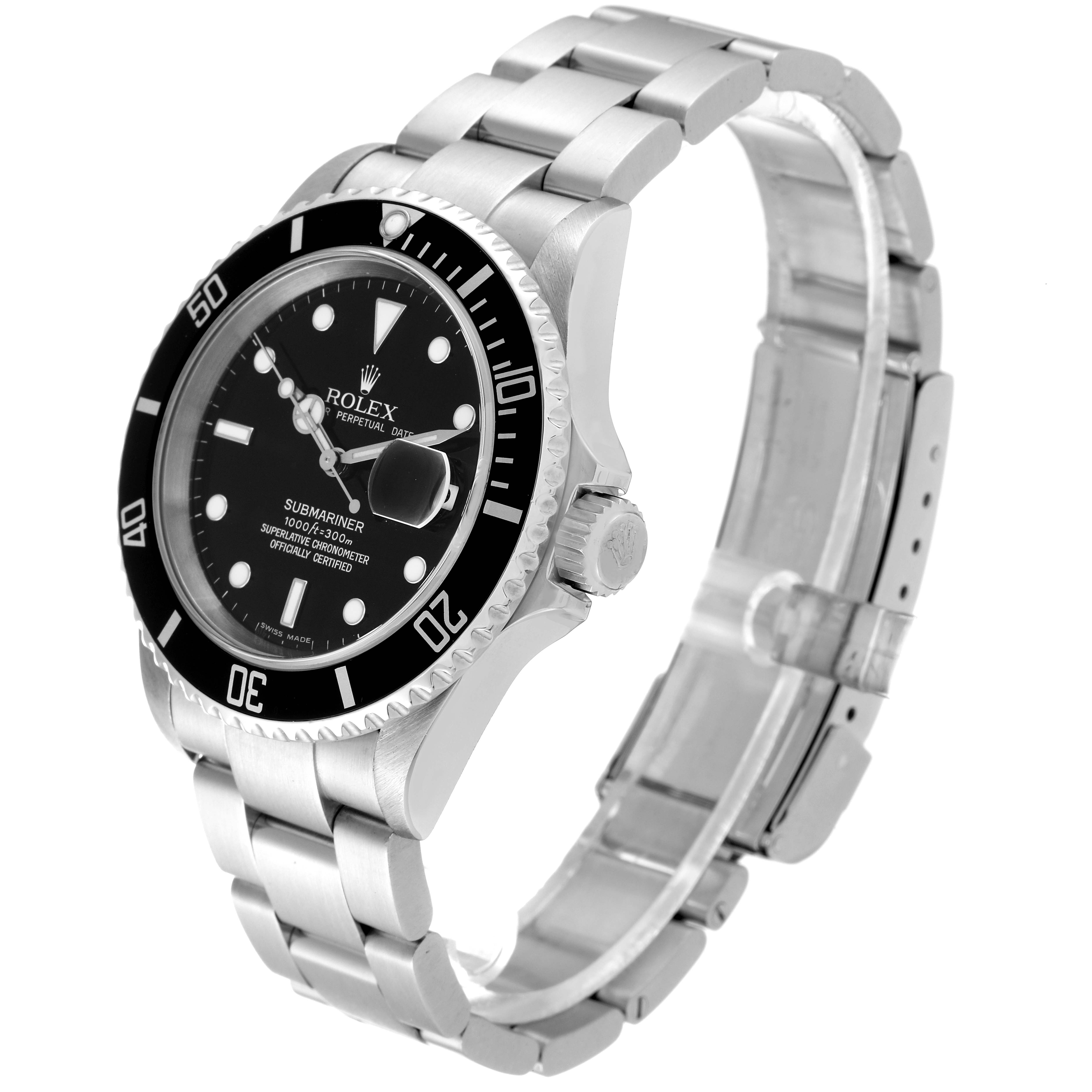 This image shows a Rolex Submariner 16610 Men
s Stainless Steel Black Dial 16610 Men
s Stainless Steel Black Dial watch at a 3/4 angle highlighting the face, bezel, crown, and bracelet.