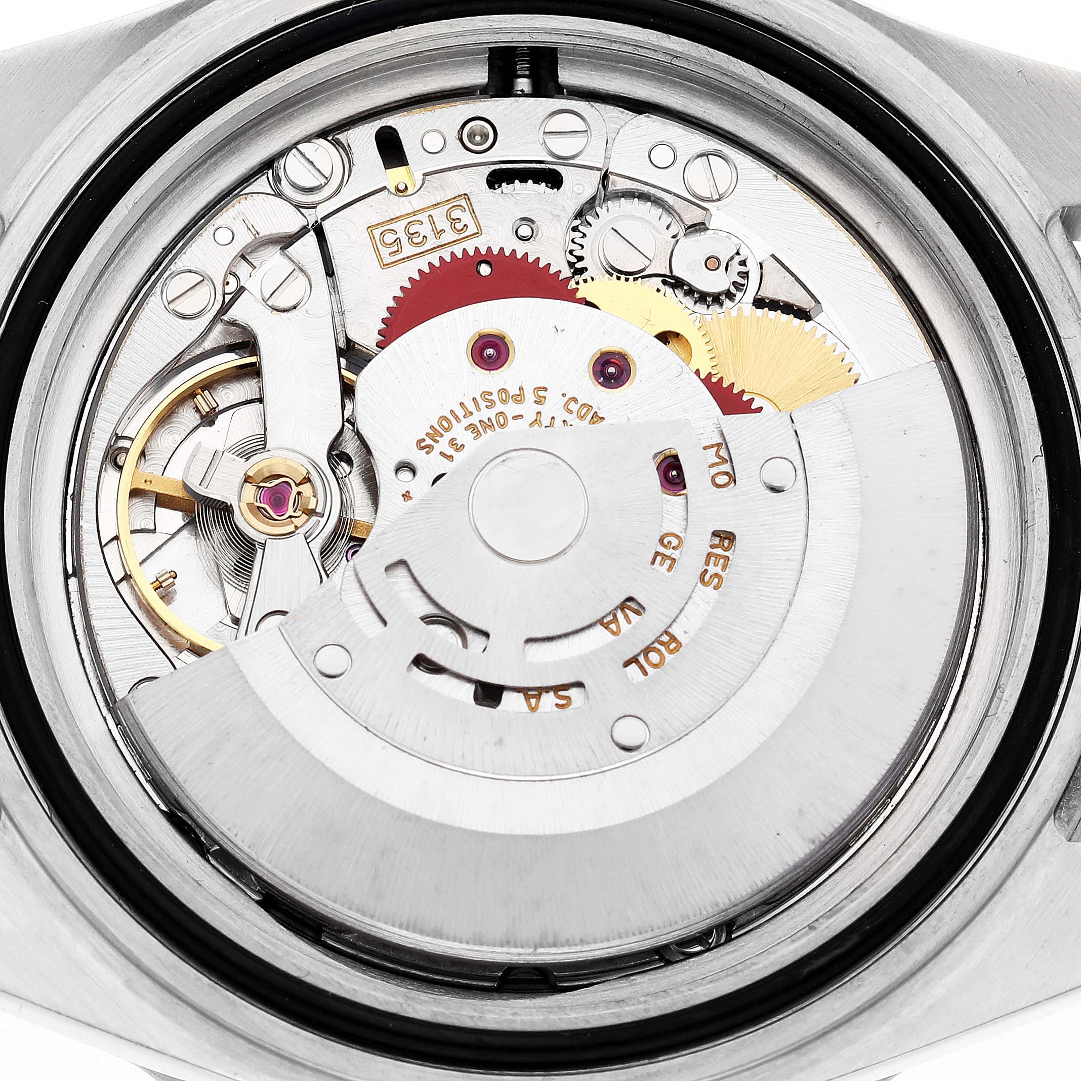 The image shows the movement of a Rolex Submariner 16610 Men's Stainless Steel Black Dial watch, highlighting its internal gears and rotor.