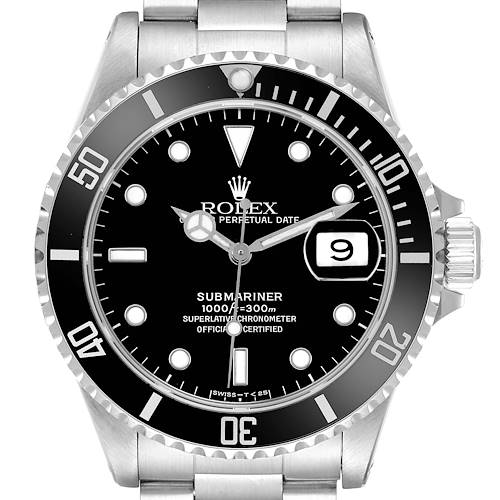 The Rolex Submariner 16610 Men's Stainless Steel Black Dial watch is shown from a front angle, displaying the bezel, dial, hands, and date magnifier.