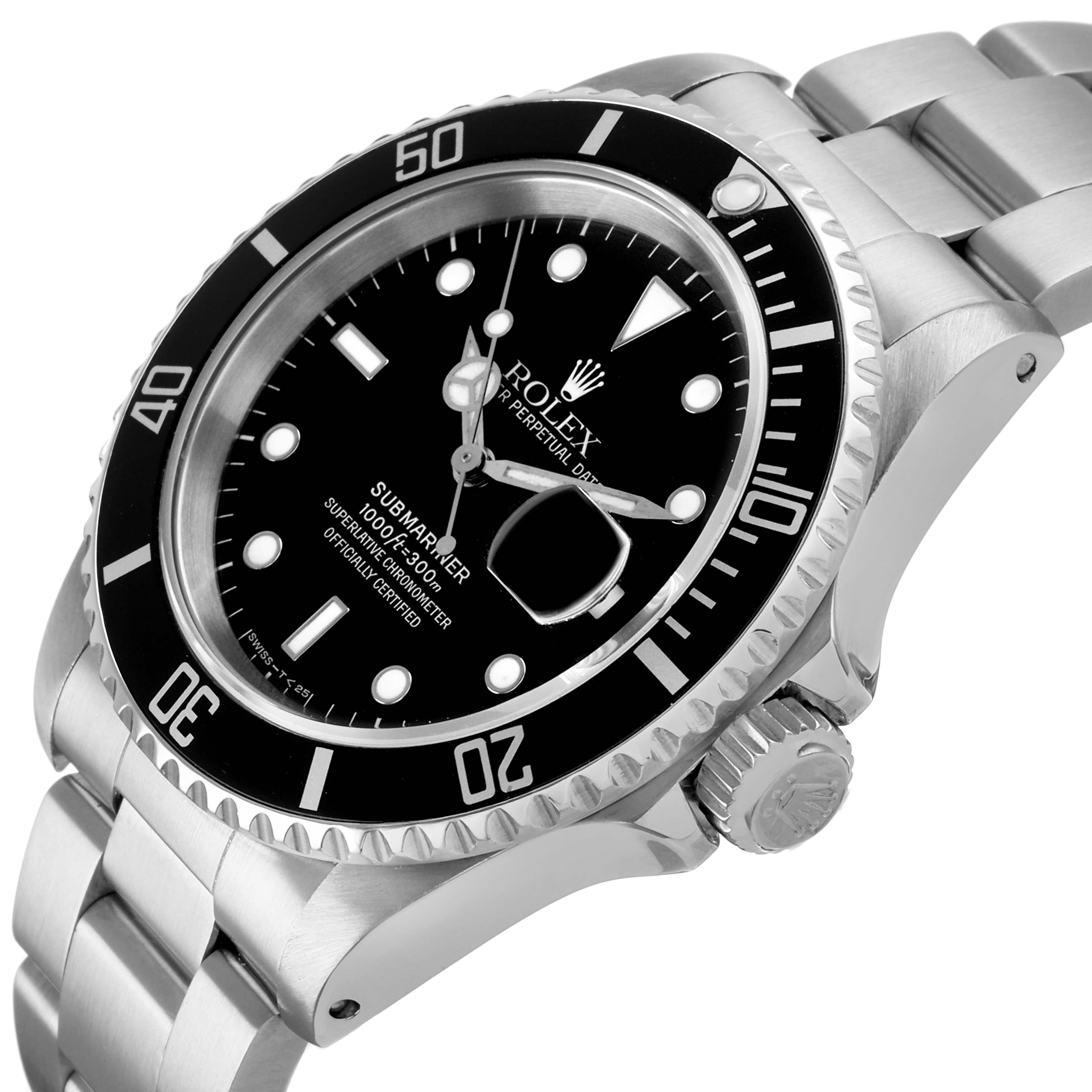 The image shows a Rolex Submariner 16610 Men's Stainless Steel Black Dial watch at an angled view, highlighting the bezel, dial, crown, and bracelet.