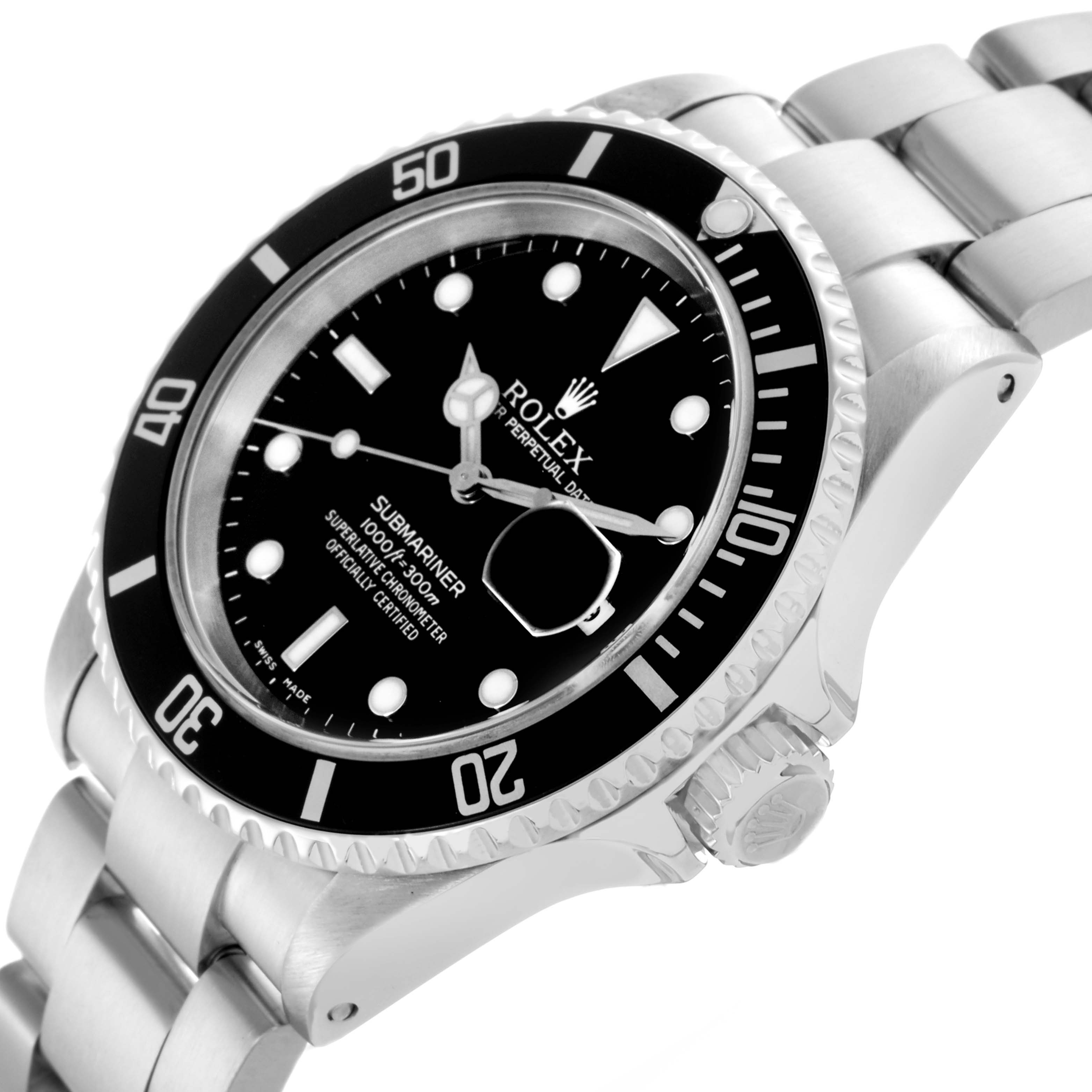 The Rolex Submariner 16610 Men's Stainless Steel Black Dial 16610 Men's Stainless Steel Black Dial watch is shown at a three-quarter angle, highlighting the dial, bezel, crown, and bracelet.