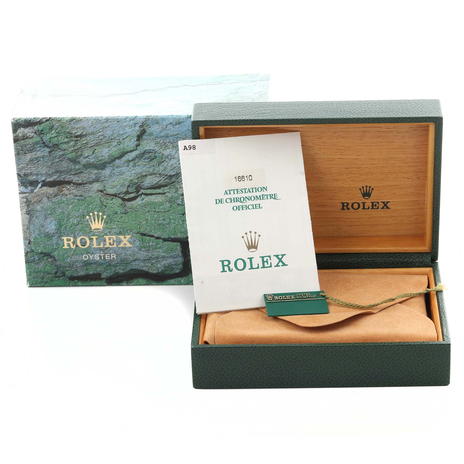 The image shows the Rolex Submariner 16610 Men's Stainless Steel Black Dial 16610 Men's Stainless Steel Black Dial watch packaging, including the outer box, inner box, and certification booklet.
