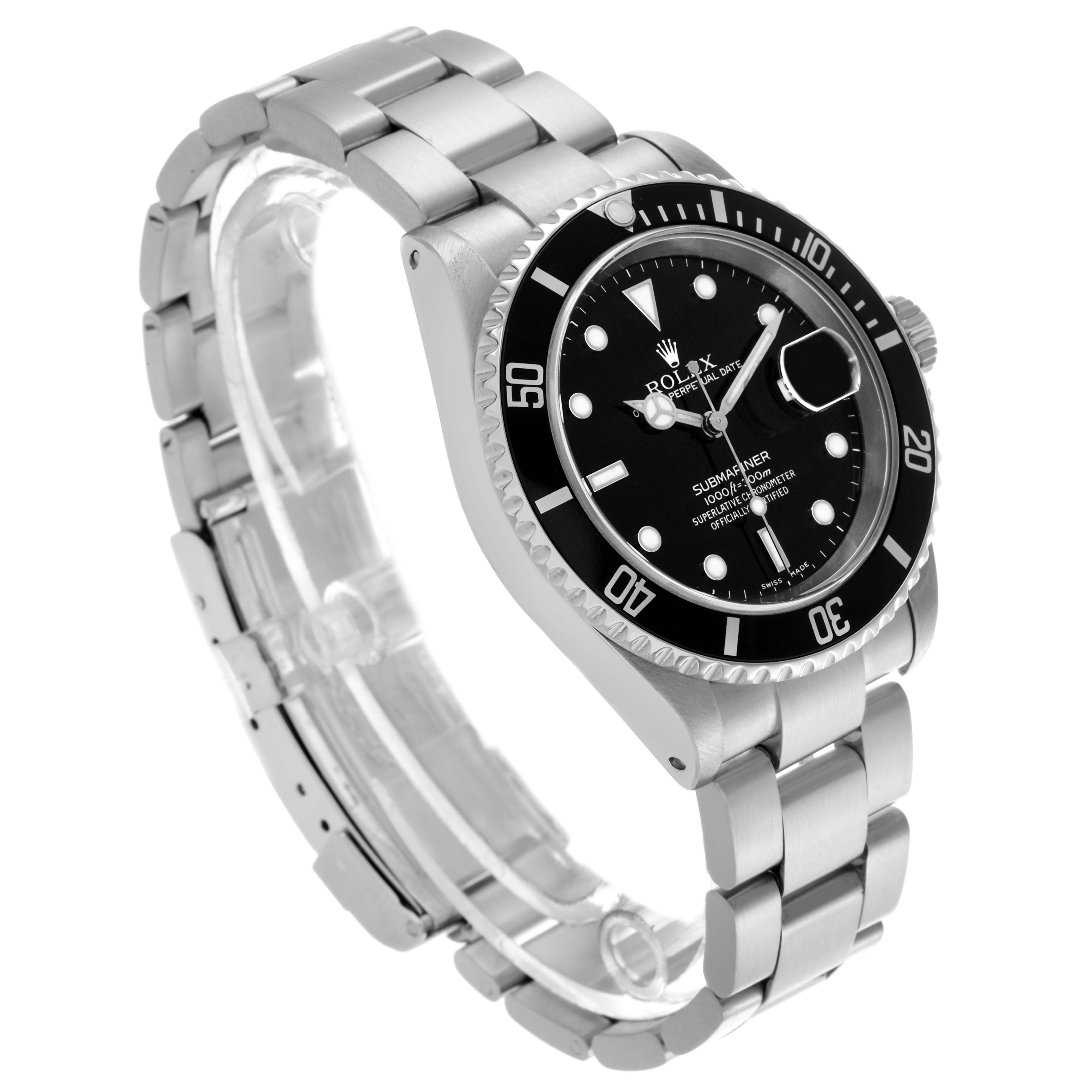 The Rolex Submariner 16610 Men's Stainless Steel Black Dial 16610 Men's Stainless Steel Black Dial is shown at a three-quarter frontal angle, displaying the black dial, bezel, and stainless steel bracelet.