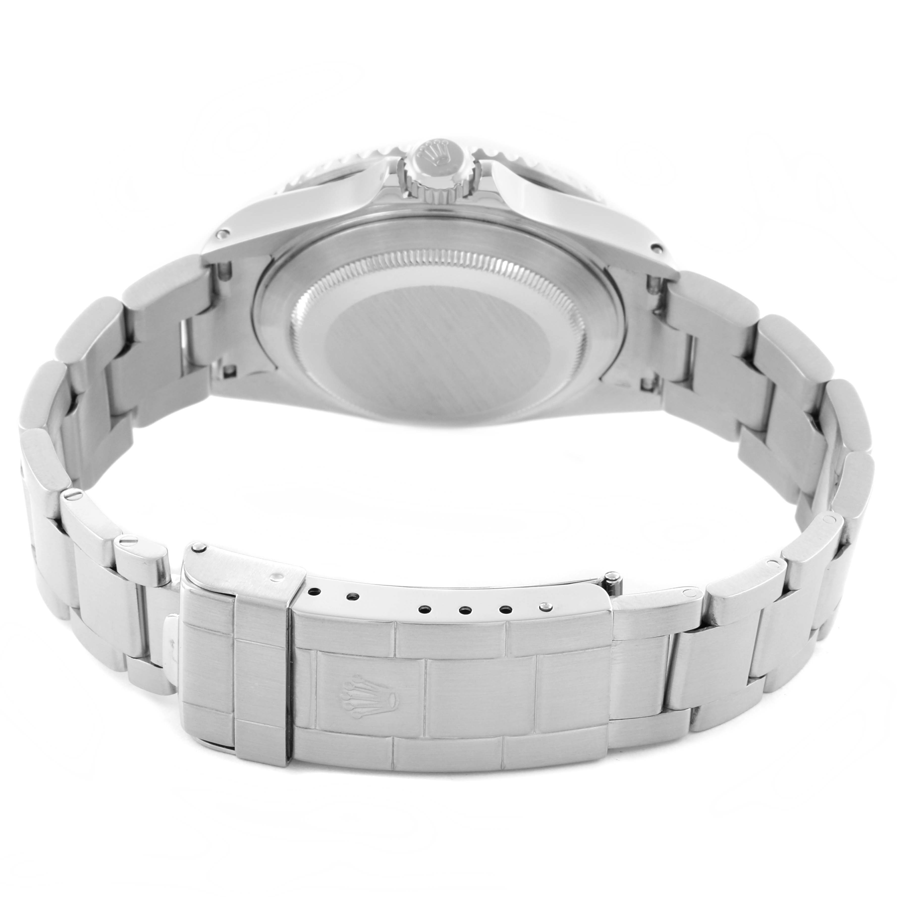 The image shows the back, clasp, and bracelet of the Rolex Submariner 16610 Men's Stainless Steel Black Dial 16610 Men's Stainless Steel Black Dial watch from an underside angle.