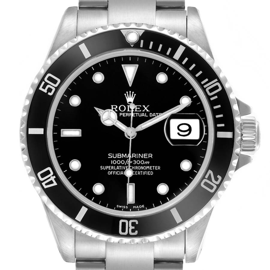 The Rolex Submariner watch is shown from the front, highlighting its bezel, dial, hands, and date window.