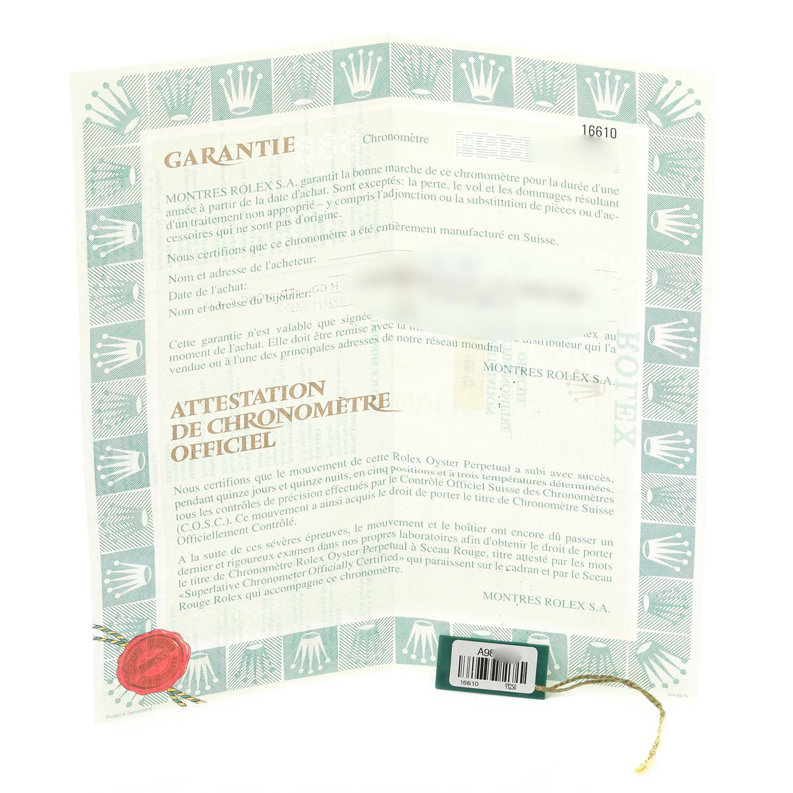 This image shows the warranty and certification papers for a Rolex Submariner 16610 Men's Stainless Steel Black Dial 16610 Men's Stainless Steel Black Dial watch.