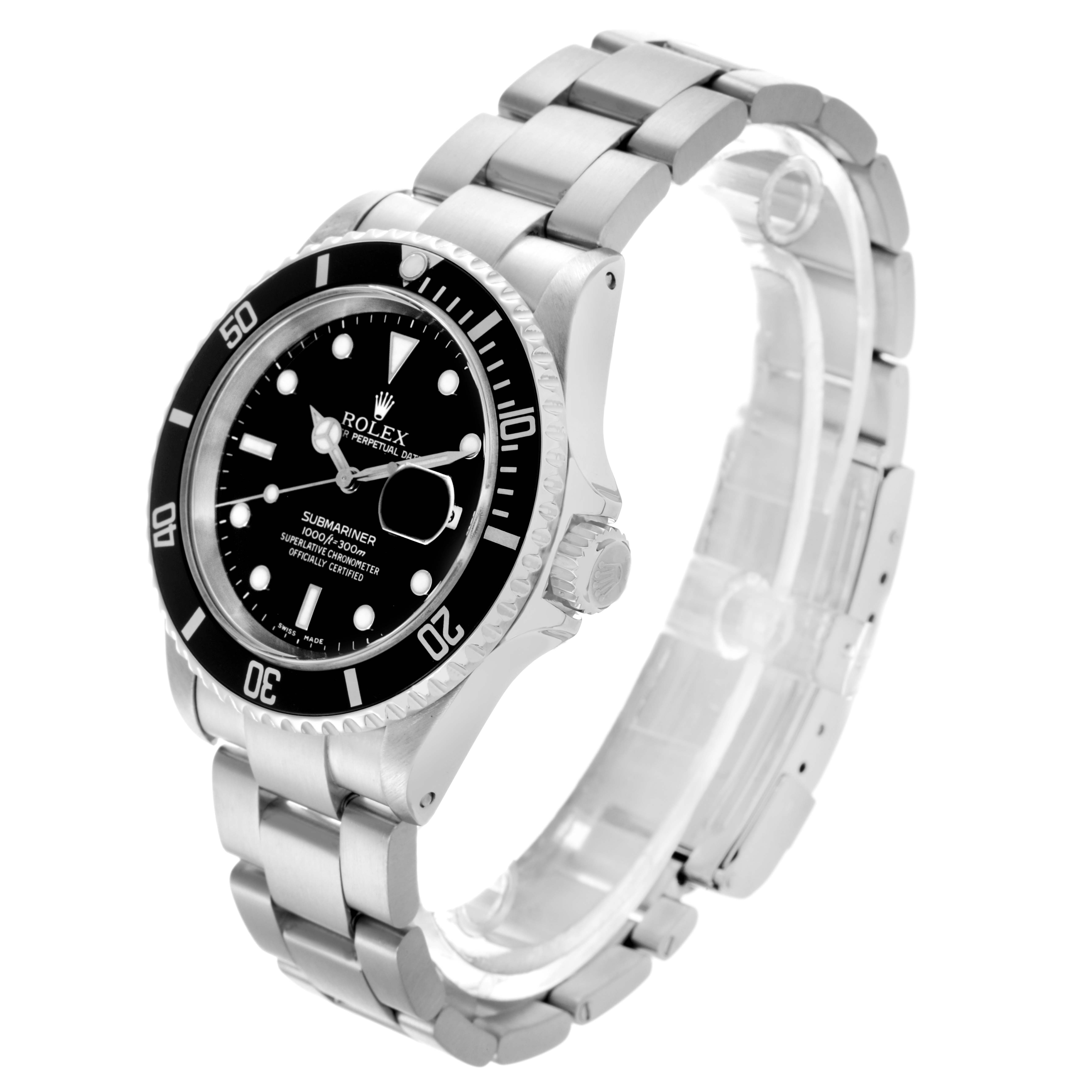 The Rolex Submariner 16610 Men's Stainless Steel Black Dial 16610 Men's Stainless Steel Black Dial watch is shown at an angled side view, displaying the dial, bezel, crown, and bracelet.