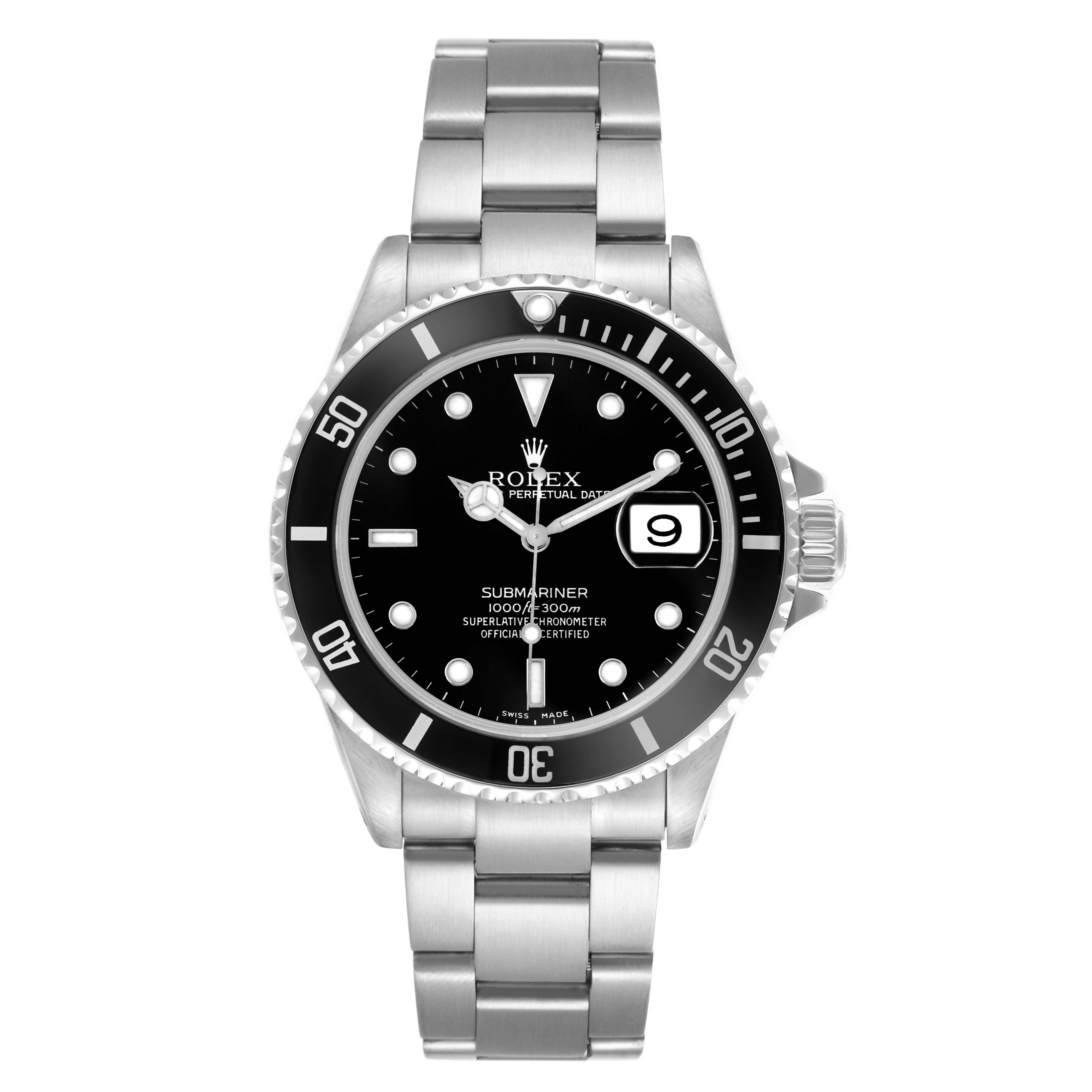 The Rolex Submariner 16610 Men's Stainless Steel Black Dial 16610 Men's Stainless Steel Black Dial watch is shown from a front angle, displaying the dial, bezel, and bracelet clearly.