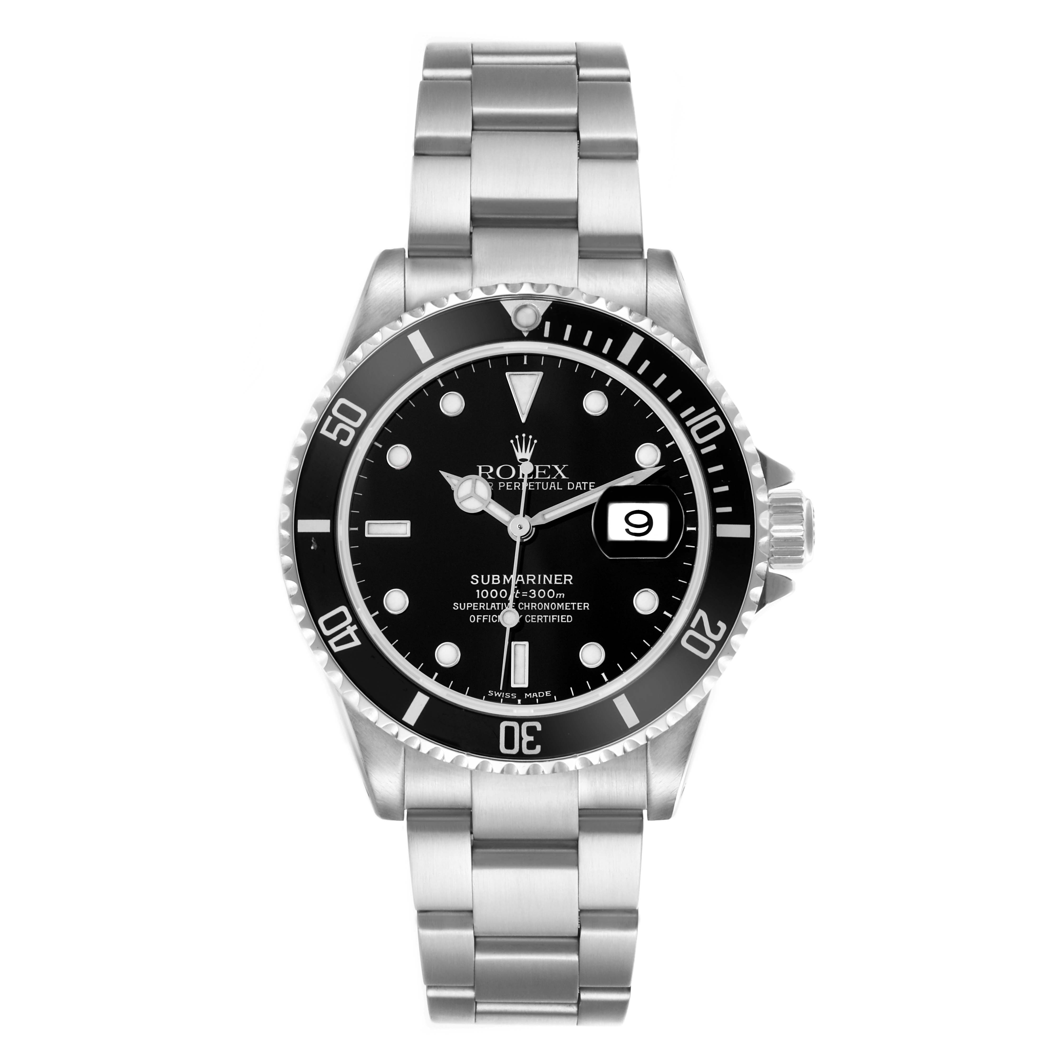 The Rolex Submariner 16610 Men's Stainless Steel Black Dial 16610 Men's Stainless Steel Black Dial watch is shown from a front angle, displaying the dial, bezel, bracelet, and date window.