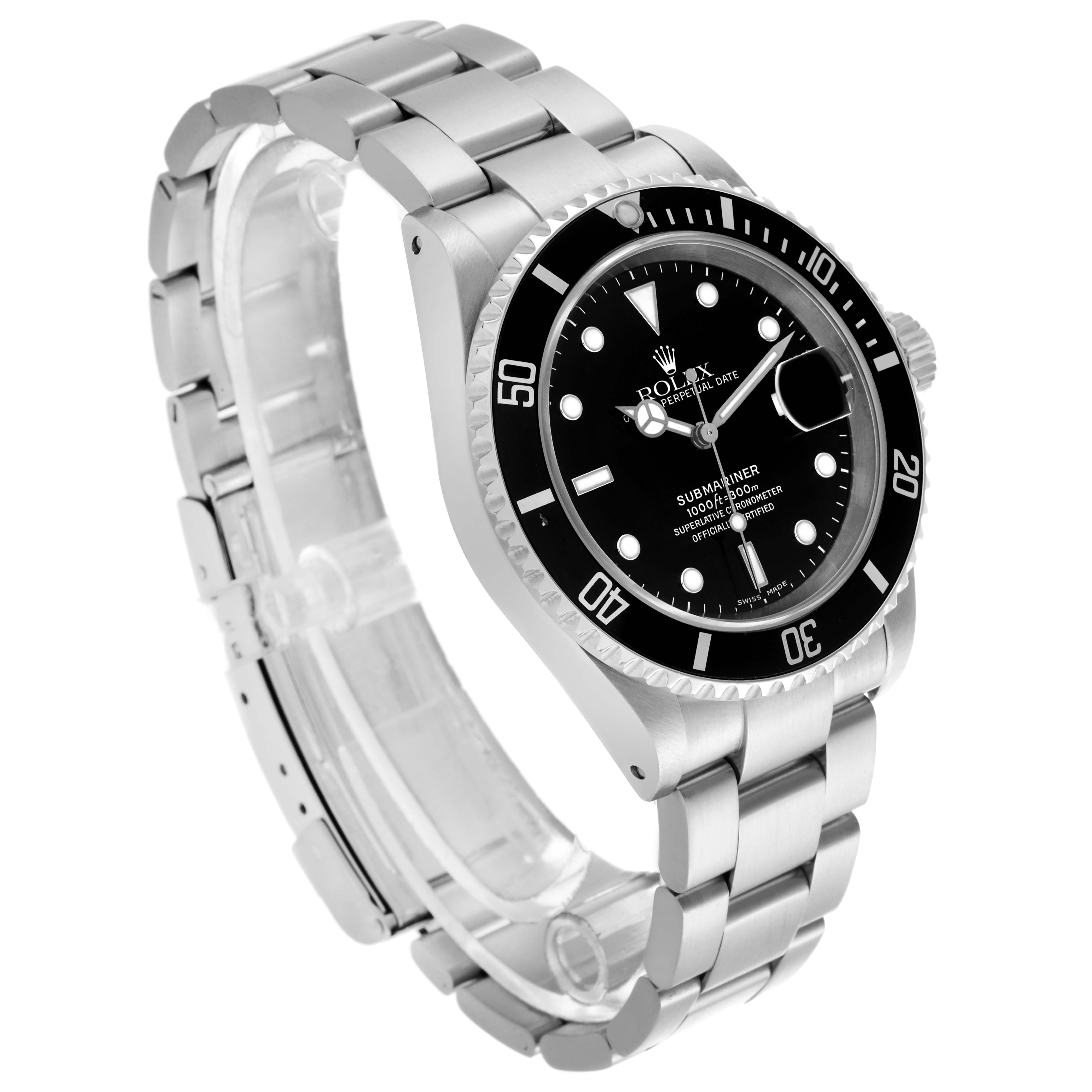 The Rolex Submariner 16610 Men's Stainless Steel Black Dial 16610 Men's Stainless Steel Black Dial watch is shown at a three-quarter angle, displaying the dial, bezel, crown, and bracelet.
