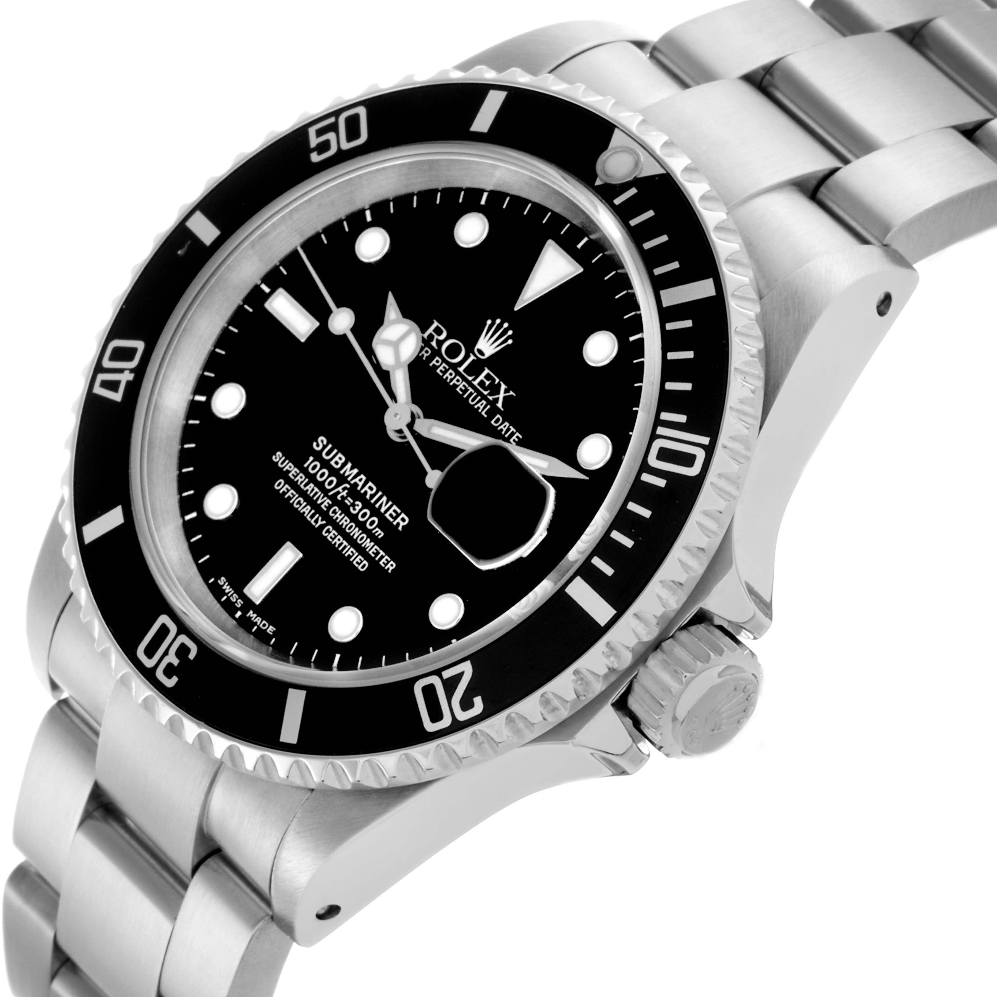The image shows a Rolex Submariner 16610 Men's Stainless Steel Black Dial 16610 Men's Stainless Steel Black Dial watch at a three-quarter angle highlighting the bezel, dial, hands, and bracelet.