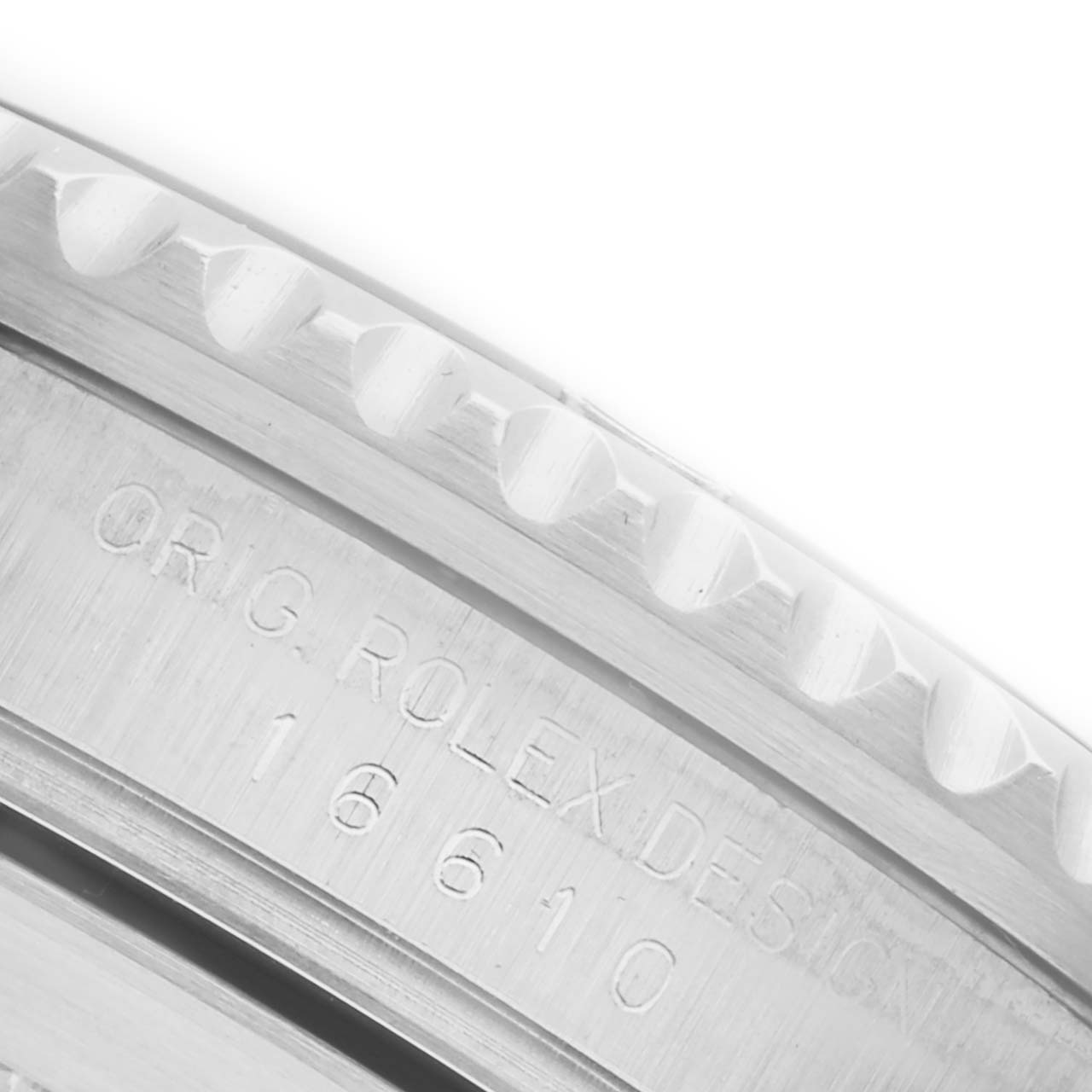 The image shows a close-up of the case and engraved bezel of a Rolex Submariner 16610 Men's Stainless Steel Black Dial 16610 Men's Stainless Steel Black Dial watch.