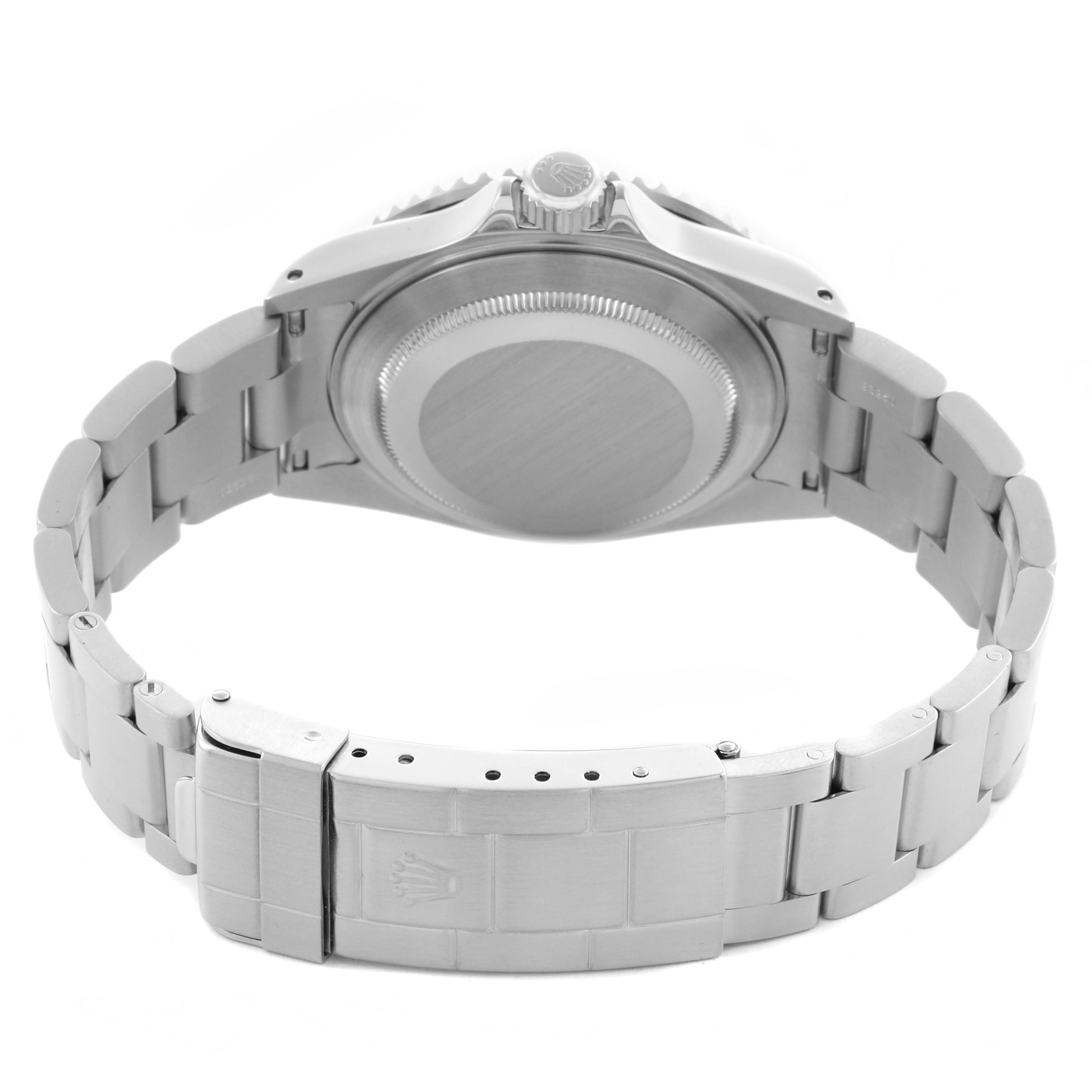 The image shows the back and bracelet of a Rolex Submariner 16610 Men's Stainless Steel Black Dial 16610 Men's Stainless Steel Black Dial watch, highlighting the clasp and case back at a rear angle.